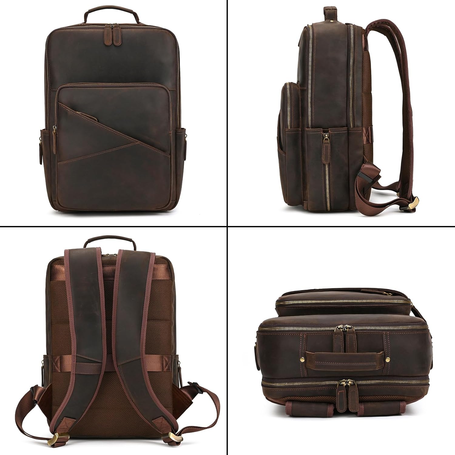 Vintage Full Grain Leather Backpack for Men, 16' Laptop Rucksack For Men Hiking Trave Work Business Bag, Dark Brown