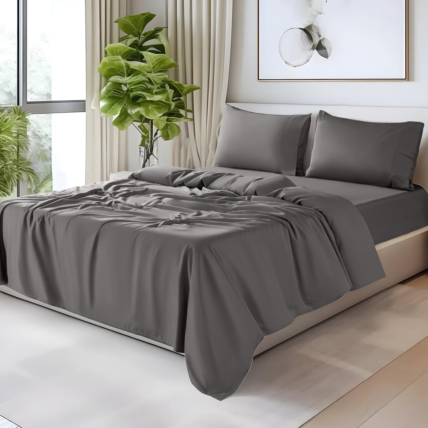 SONORO KATE 100% Egyptian Cotton Sheets - 1200 Thread Count, Luxury & Cooling Hotel Cotton Bed Sheets Set 4 Piece, Sateen Weave for Soft Feel, Fits Upto 16' Mattress (Dark Grey, Full)