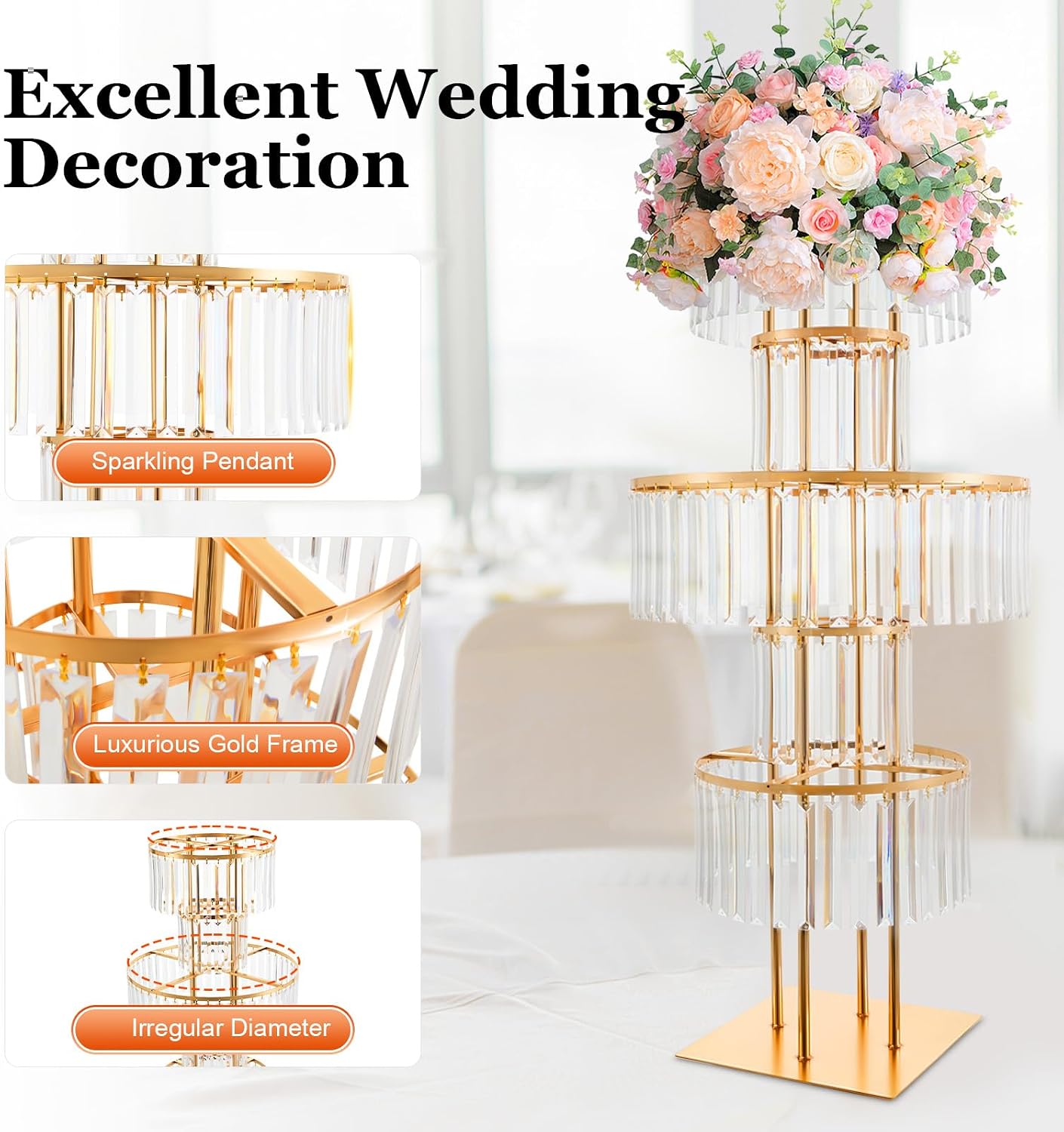 2PCS Wedding Gold Vases Centerpieces, 5 Tier Chandelier Centerpiece, Round Chandelier Pedestal Stand, Crystal Vases for Wedding Reception Birthday