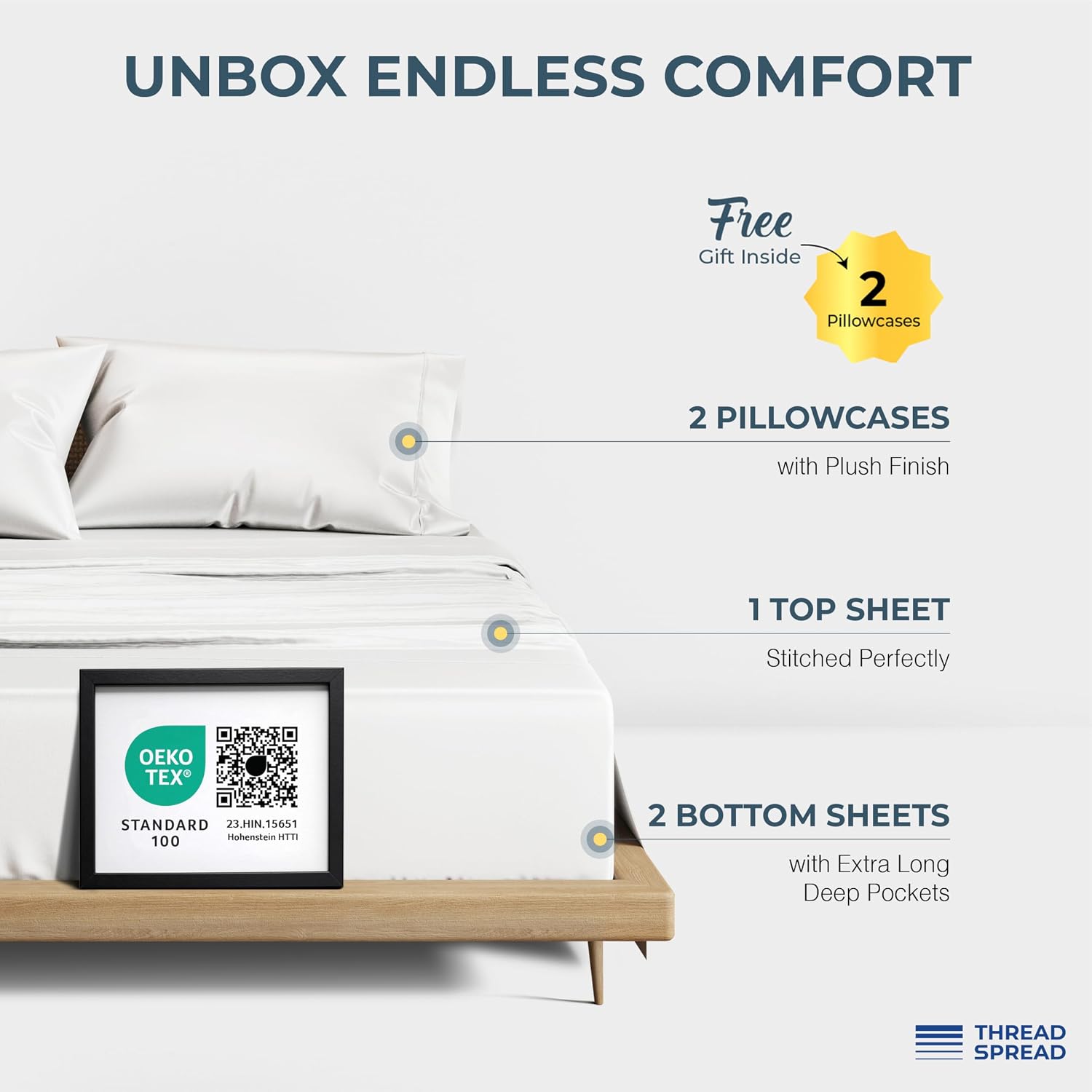THREAD SPREAD 100% Egyptian Cotton Split King Sheets Sets for Adjustable Bed - 1500 Series Split Top King Sheets (5 PC, White), Silky Soft, Sateen Weave, Cooling & Breathable, 17' Deep Pocket Bed Set