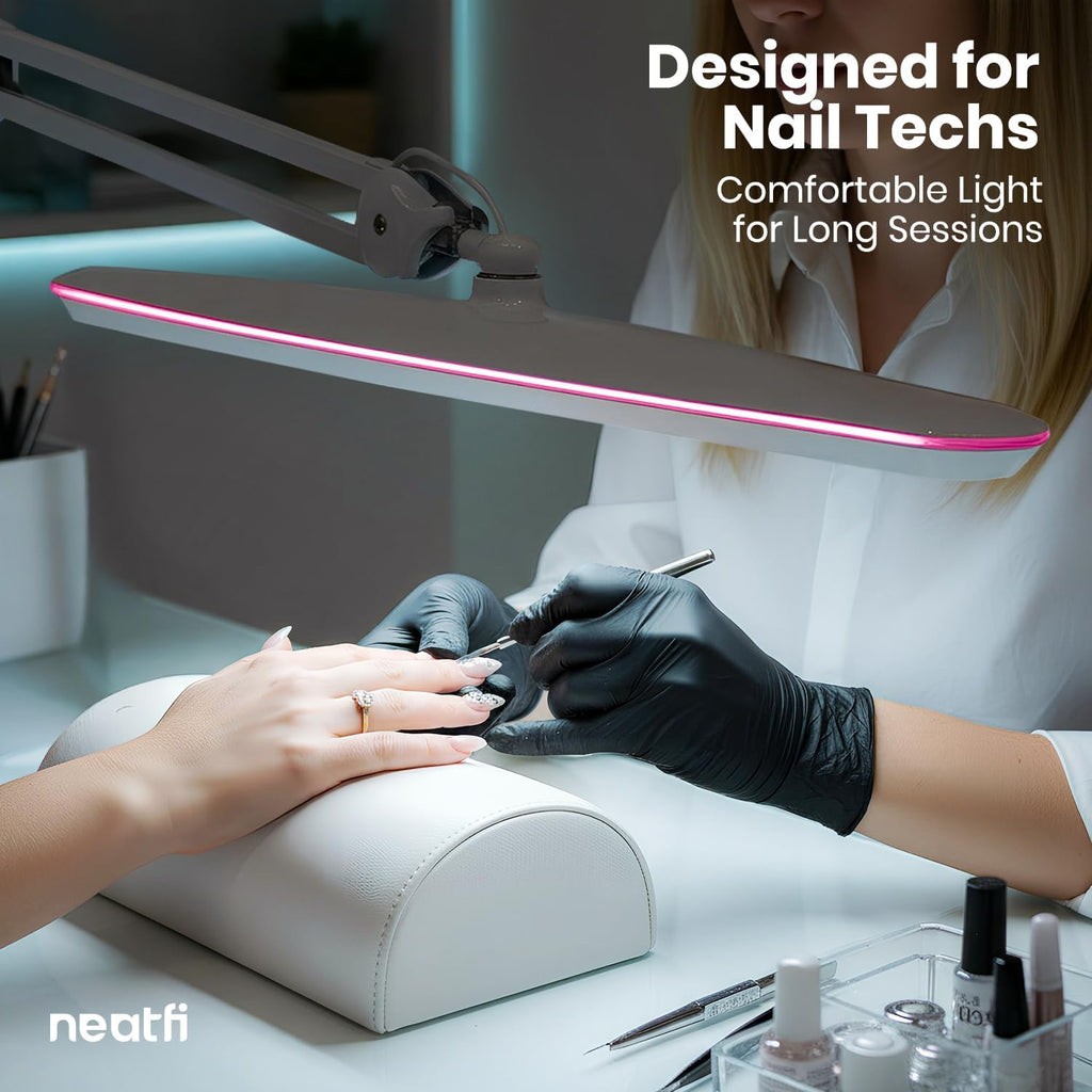 Neatfi XL 2,200 Lumens 24W LED Desk Lamp – 23' Wide Shade | Dimmable Eye-Caring Task Light | Adjustable Arm | Home Office, Study, Crafts & Nail Tech (White with Pink Ring, Non-CCT with Clamp)