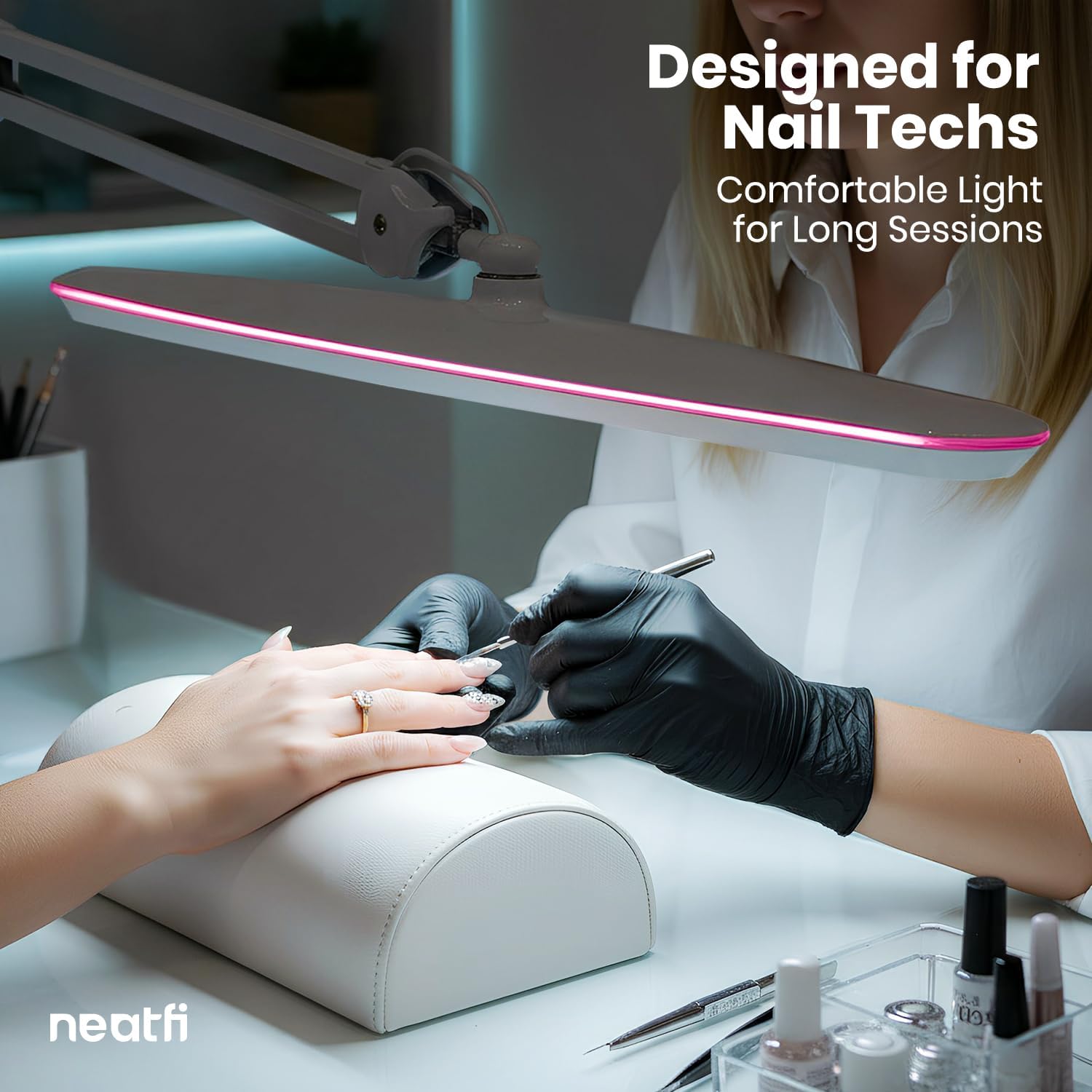 Neatfi XL 2,200 Lumens 24W LED Desk Lamp – 23' Wide Shade | Dimmable Eye-Caring Task Light | Adjustable Arm | Home Office, Study, Crafts & Nail Tech (White with Pink Ring, Non-CCT with Clamp)