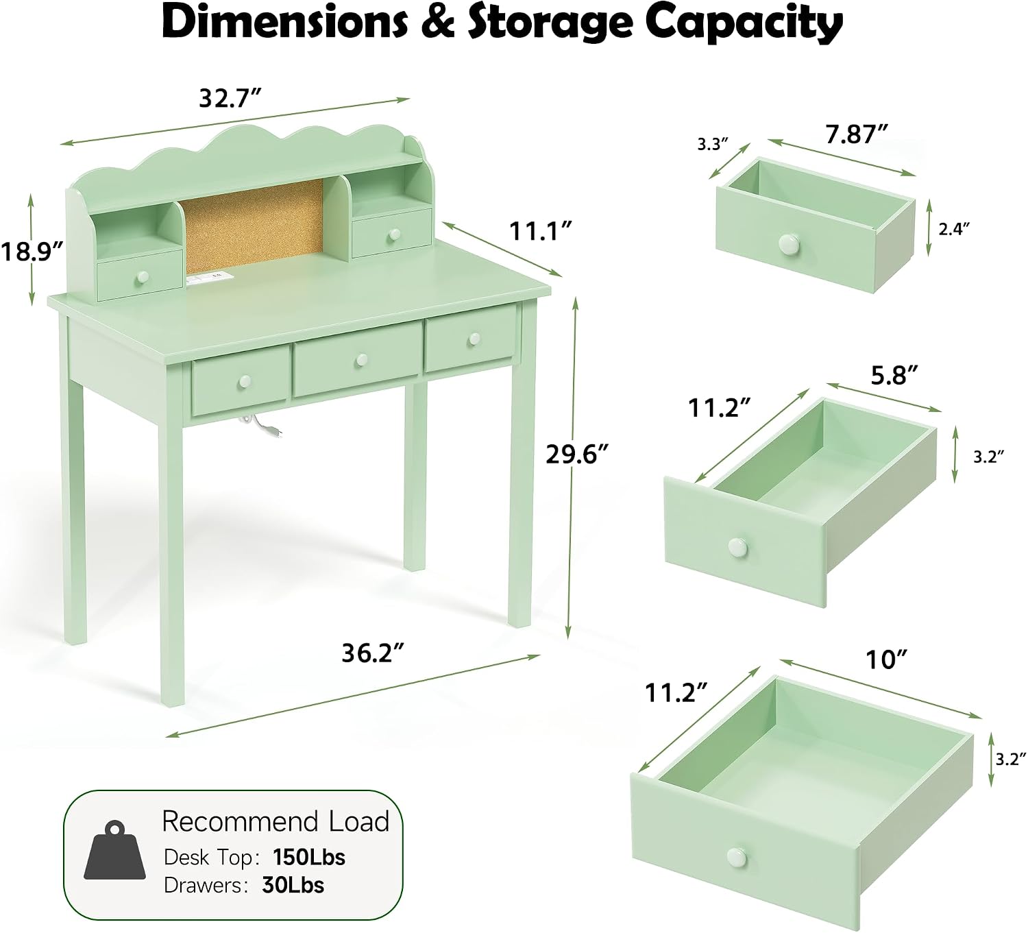 FUNKOCO Home Office Furniture Writing Desk, 36 Inch Computer Work Station with Detachable Hutch for Small Place, 5 Drawers(Candy Green)