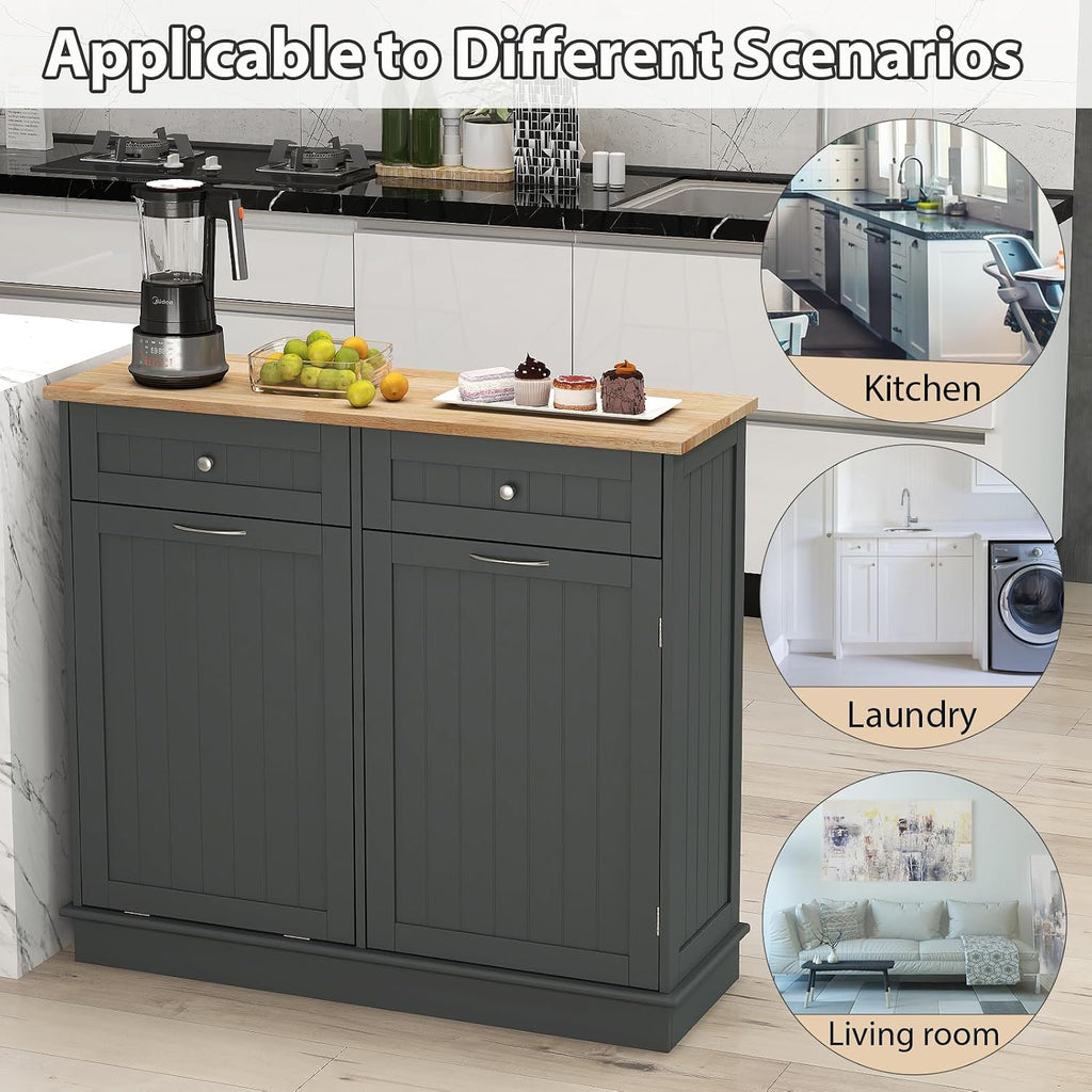 POWERSTONE Hidden Tilt Out Trash Cabinet Kitchen Island with 2 Drawers & Adjustable Shelf, Rubber Wood Countertop, Freestanding Laundry Hamper Recycle Bins, Pet Proof Garbage Can Holder Grey