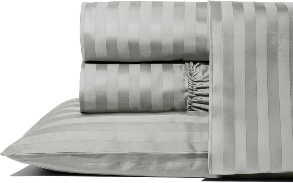 THREAD SPREAD Queen Sheet Set, Luxury 1000 Series Paradise Collection 100% Egyptian Cotton Damask Striped Bed Sheets Queen Size (4 PC, Silver Grey Stripe), Cooling 16' Deep Pocket Hotel Sheet Set