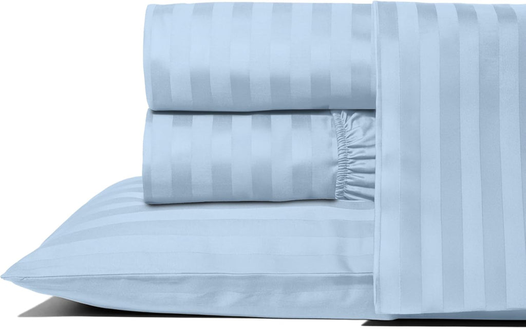THREAD SPREAD Queen Sheet Set, Luxury 1000 Series Paradise Collection 100% Egyptian Cotton Damask Striped Bed Sheets Queen Size (4 PC, Light Blue Stripe), Cooling 16' Deep Pocket Hotel Sheet Set