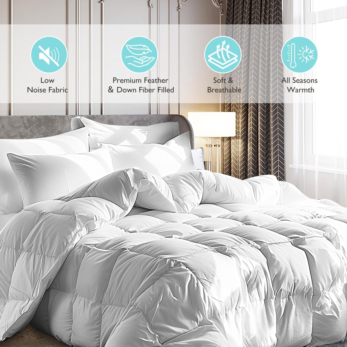 Martha Stewart White Goose Feather Down Fiber Comforter Twin Size- All Season Duvet Insert, Noiseless Fabric with 38oz Filled Luxury Cloud Fluffy Bed Comforter with 8 Corner Loops, White 68x90inch