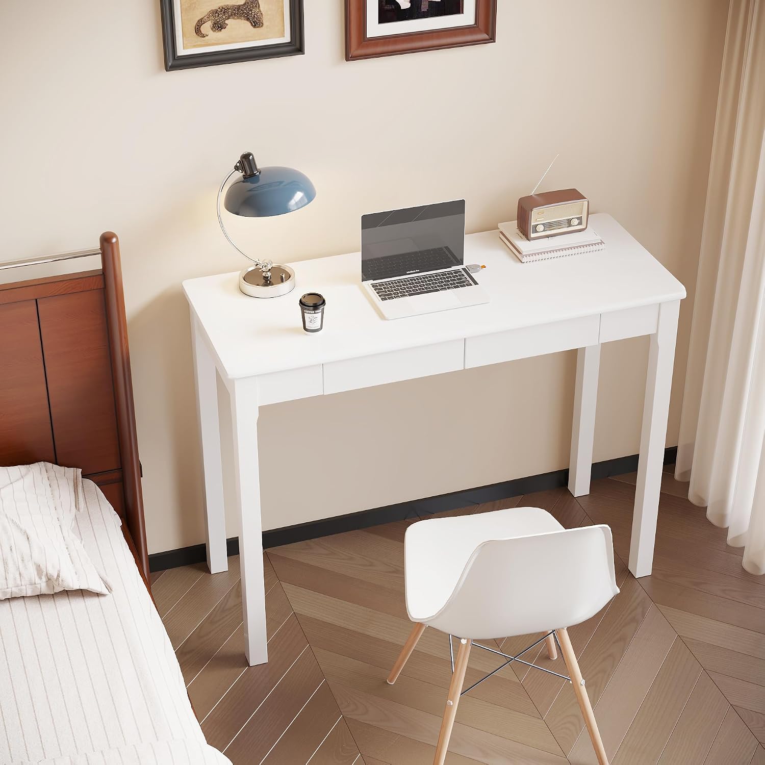 Solid Wood Desk with Drawers - 39' Narrow Desks for Small Spaces, Mid Century Modern Desks, Small Wooden Vintage Computer Writing Desk, Study Table for Home Office Bedroom, White