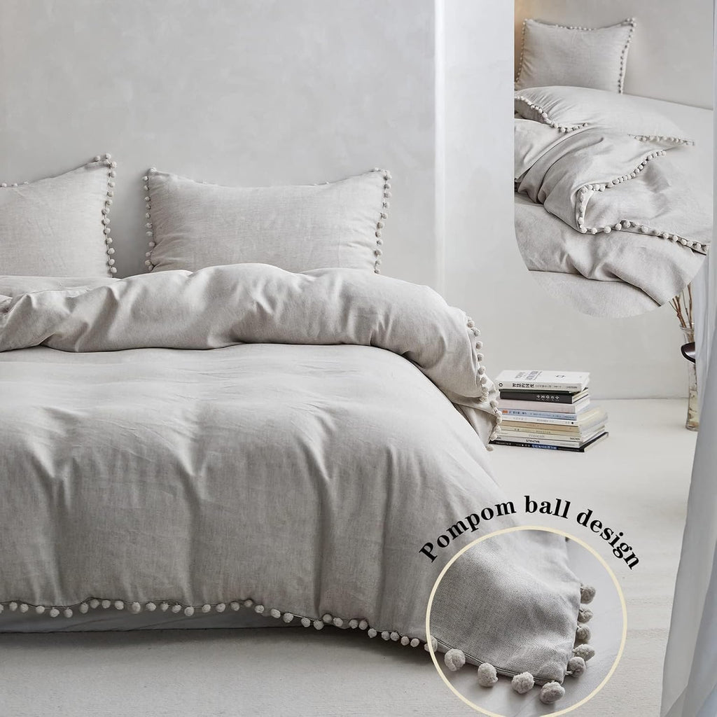 Simple&Opulence French Linen Blended Duvet Cover King, Flax Viscose Derived from Bamboo Bedding Set with Pom Pom Trim Soft Cooling for Hot Sleepers, 1 Boho Comforter Cover and 2 Pillow Shams, Linen