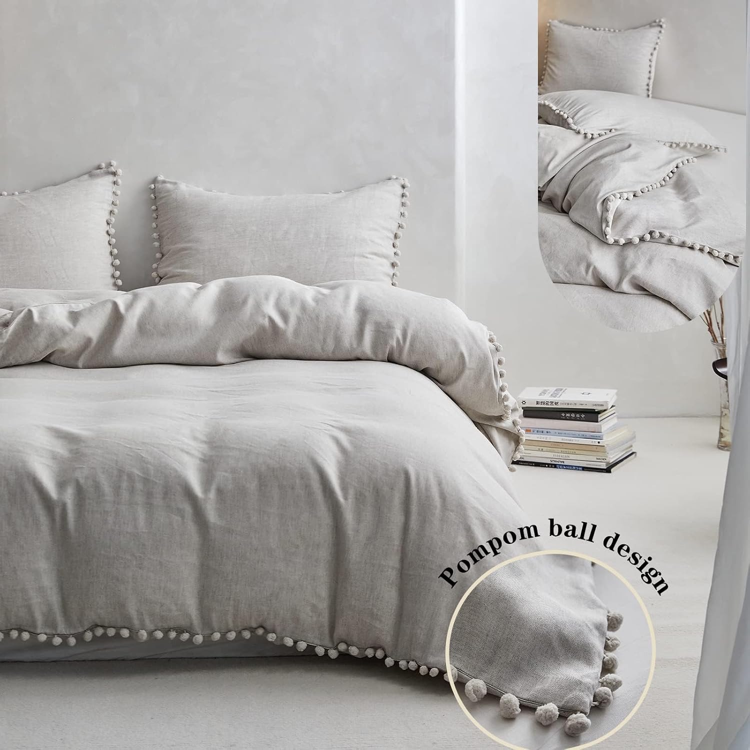 Simple&Opulence French Linen Blended Duvet Cover King, Flax Viscose Derived from Bamboo Bedding Set with Pom Pom Trim Soft Cooling for Hot Sleepers, 1 Boho Comforter Cover and 2 Pillow Shams, Linen