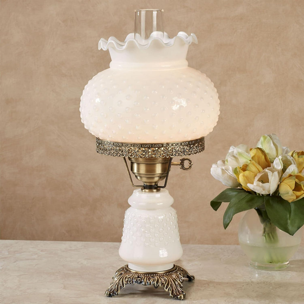 Touch of Class Mindy Hobnail Glass Table Lamp - White Shade - Handcrafted Globe - Blown by Hand - Hurricane Chimney Style - Victorian Lamps for Desk, Bedroom, Living Room