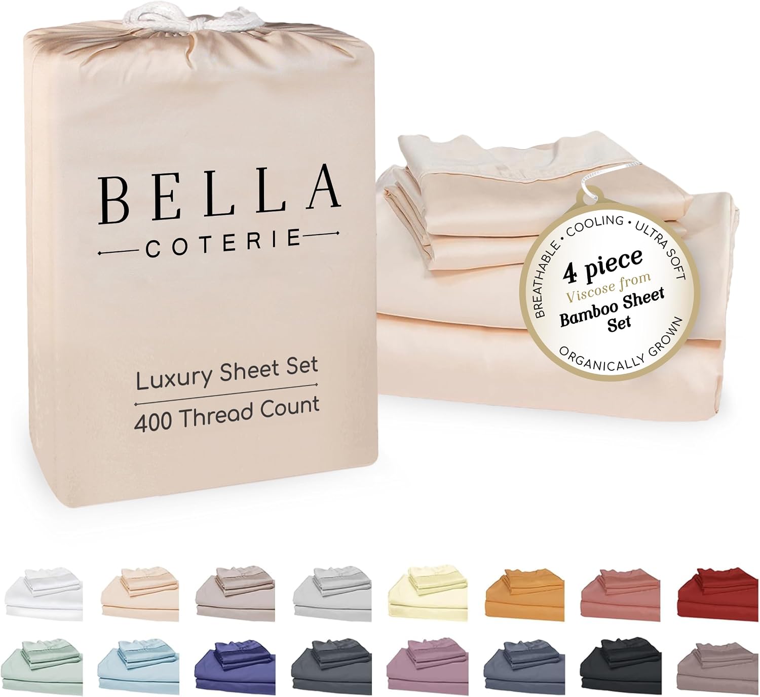 Bella Coterie Luxury Bamboo Viscose Queen Size Sheet Set | 100% Organically Grown | Ultra Soft | Cooling for Hot Sleepers | 18' Deep Pocket [Champagne]