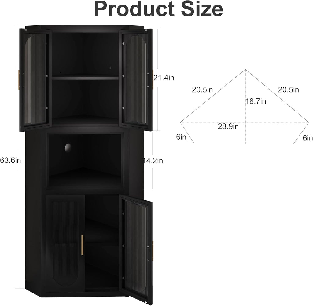 erosoei Farmhouse Corner Cabinet, Tall Corner Pantry Storage Cabinet with Acrylic Glass Door Design & Adjustable Feet, for Laundry Room, Bathroom, Kitchen,Bedroom(Black)