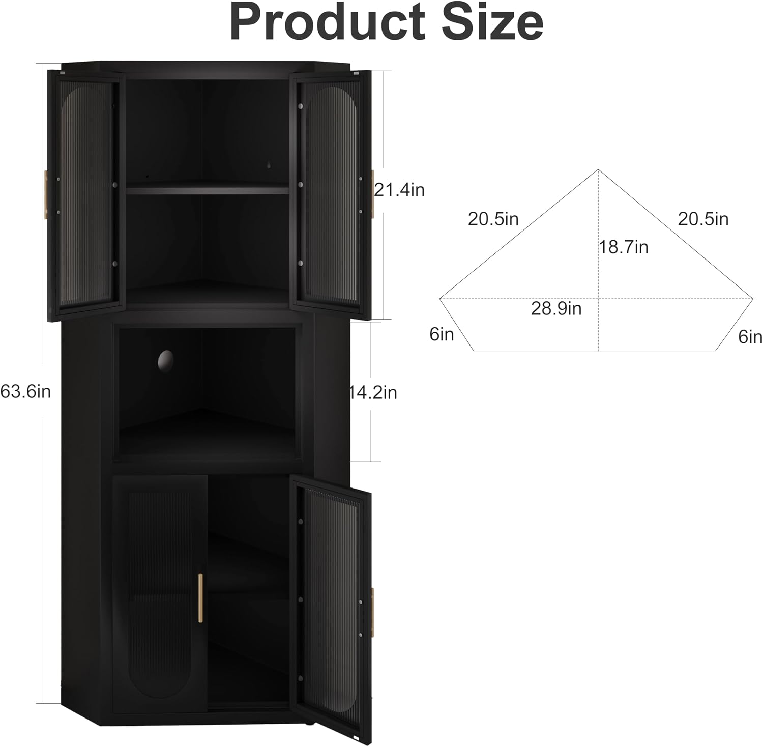 erosoei Farmhouse Corner Cabinet, Tall Corner Pantry Storage Cabinet with Acrylic Glass Door Design & Adjustable Feet, for Laundry Room, Bathroom, Kitchen,Bedroom(Black)