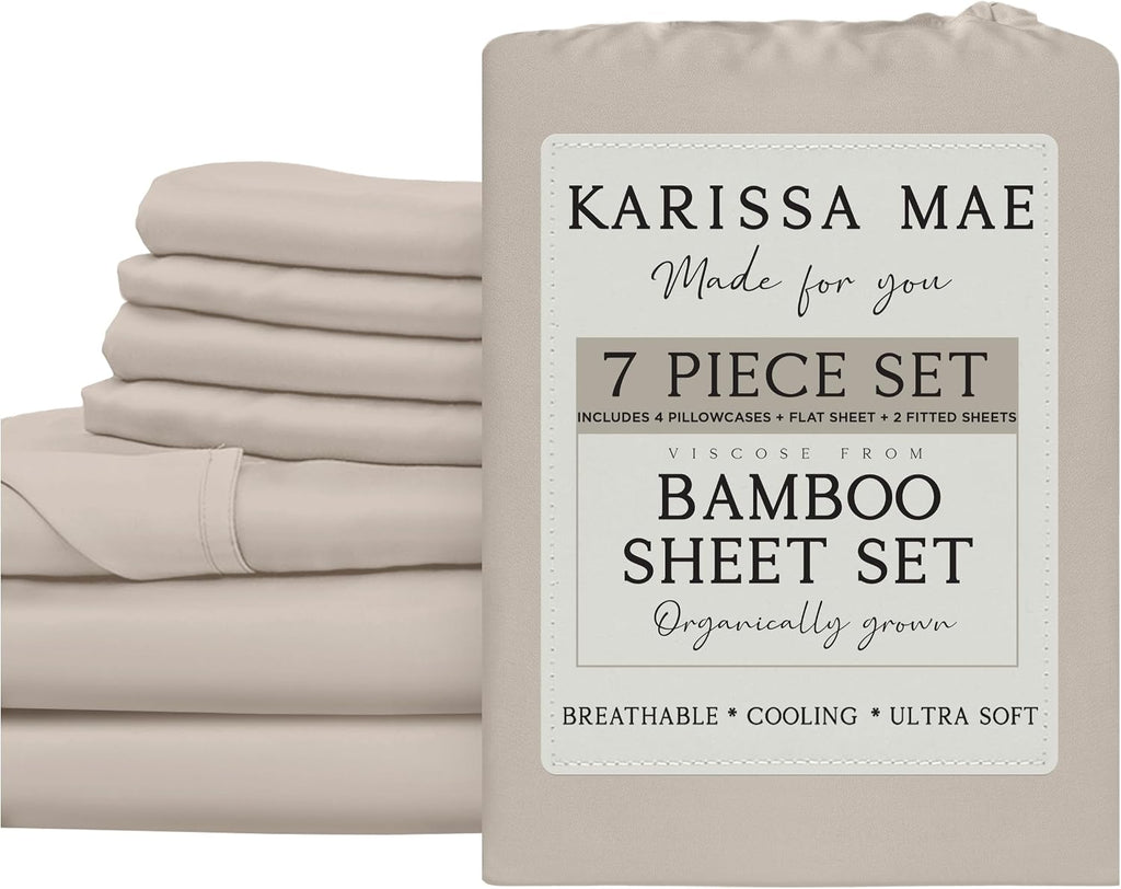 KARISSA MAE 7 Piece Pure Viscose from Bamboo Split King Size Sheet Set | 100% FSC Certified | Luxuriously Soft | Cooling | 18' Deep Pocket w/Corner Straps | 4 Pillowcases [Dune]