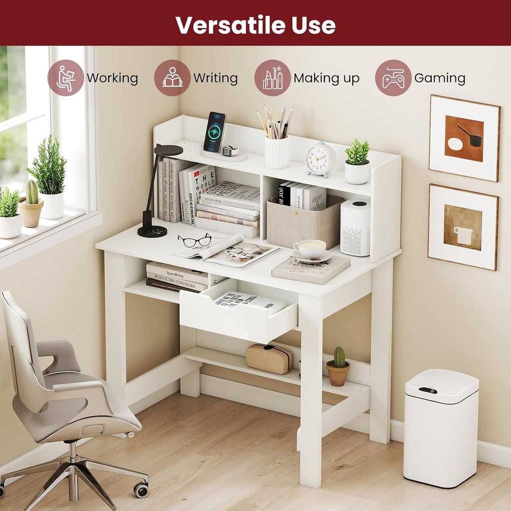 Giantex White Computer Desk with Hutch, Home Office Desk with Power Outlets, USB Ports, Type-C, Storage Shelf & Drawer, Modern Laptop PC Table Computer Workstation, Study Writing Desk for Bedroom