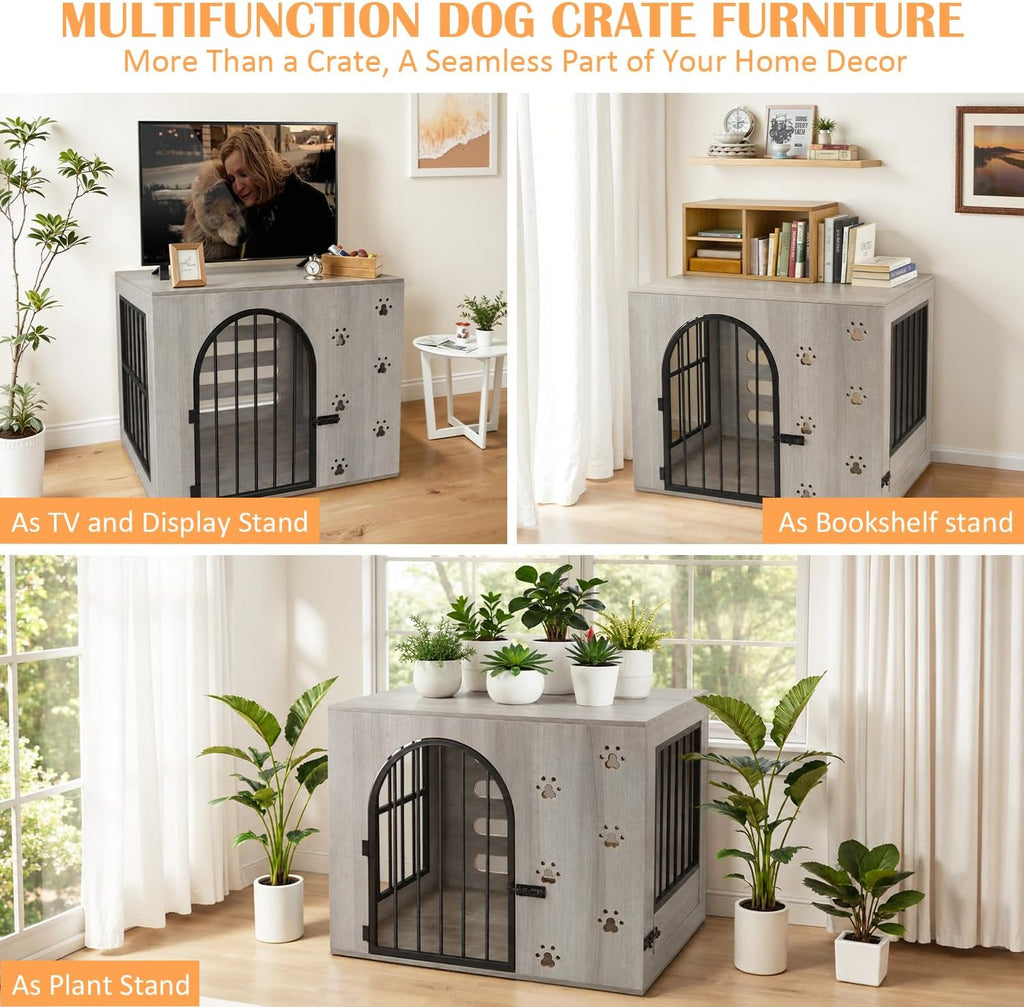 32' Dog Crate Furniture, Heavy Duty Wooden Chewproof Dog Kennel with Adjustable Bowls & Escape-Proof Lock, Decorative Pet Cage Dog House for Small Medium Dogs, Grey