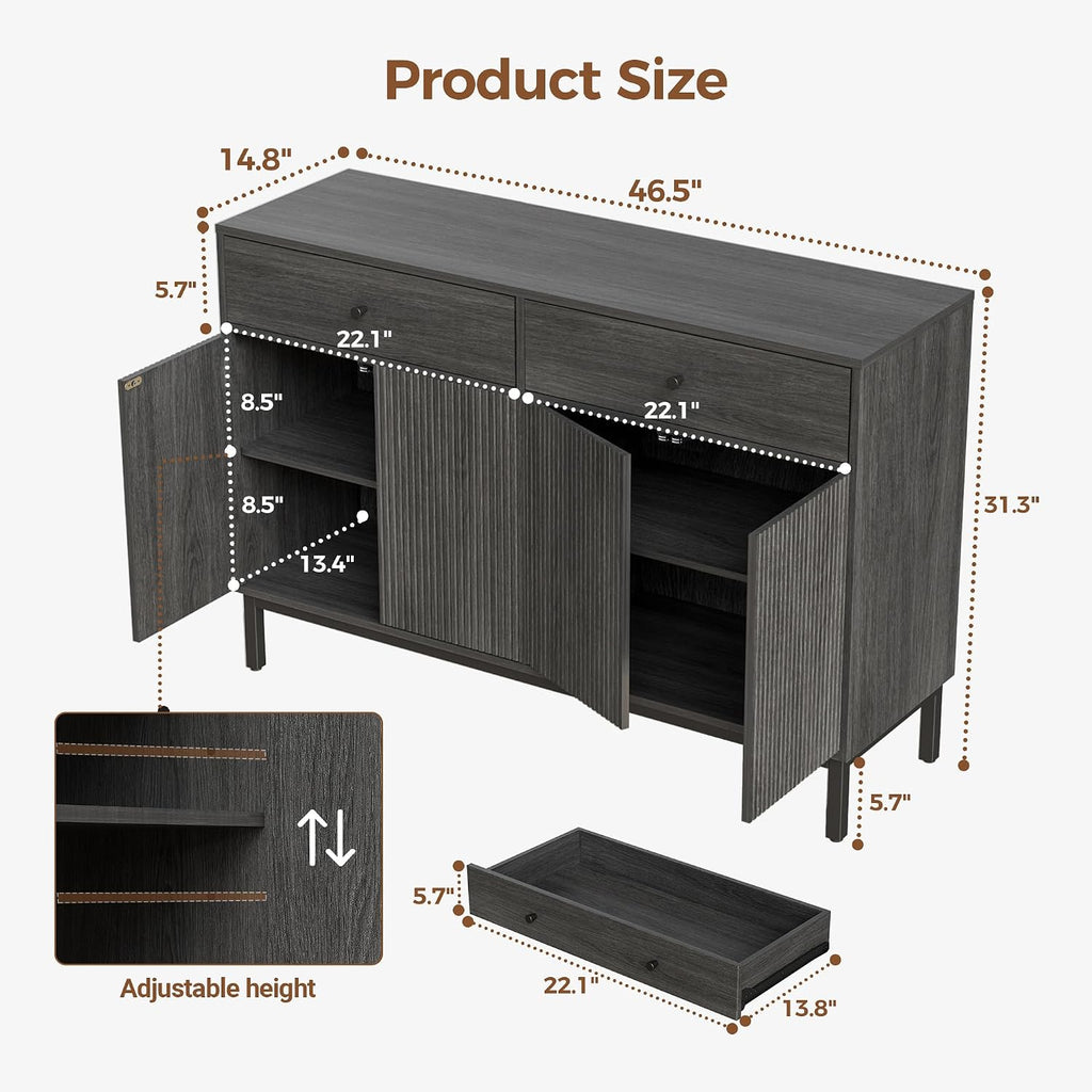 Mericonia Farmhouse Buffet Sideboard Cabinet with Storage, Fluted Coffee Bar with Doors and Adjustable Shelves, Modern Wood Console Cabinet with Drawers (4 Door, Grey 2 Drawer)