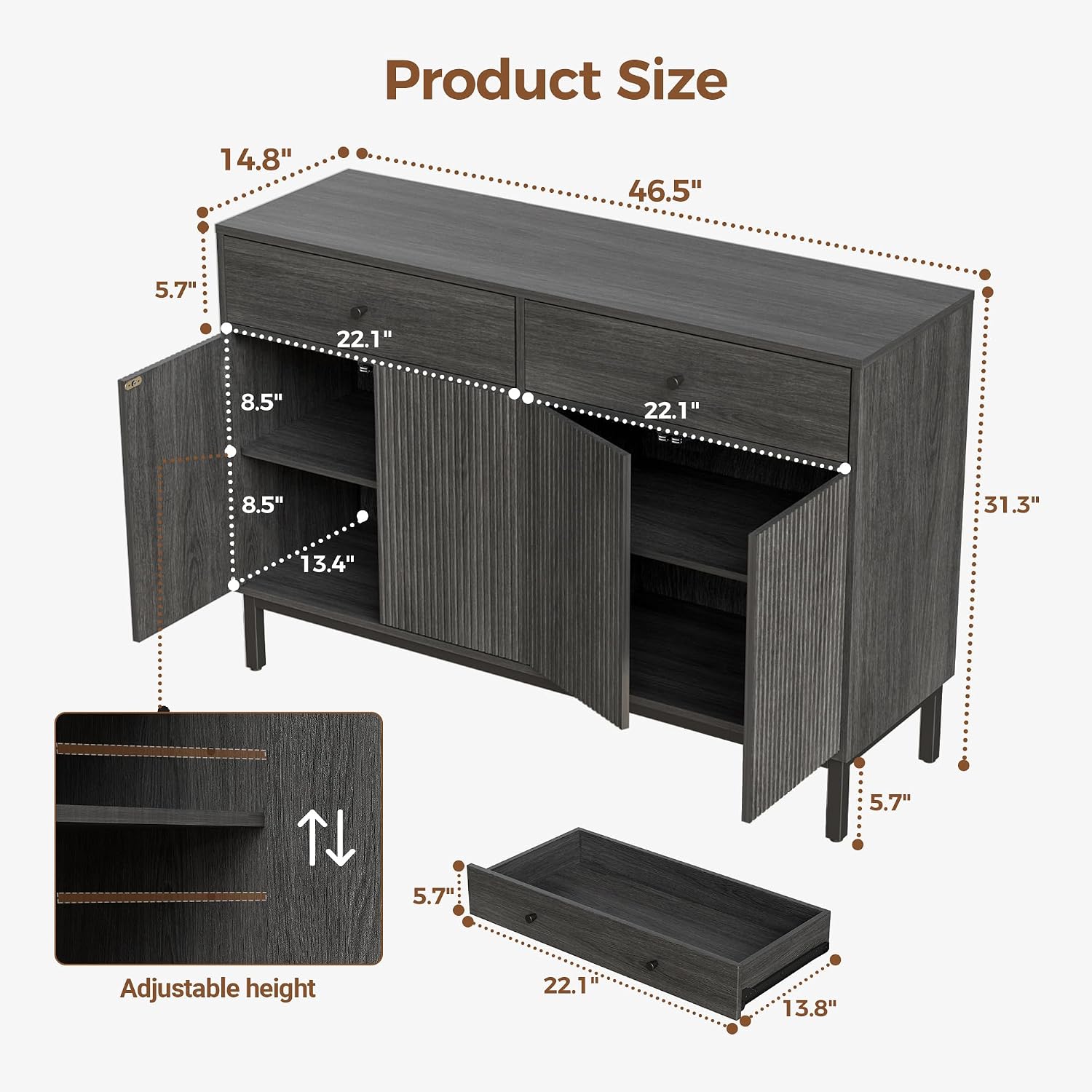 Mericonia Farmhouse Buffet Sideboard Cabinet with Storage, Fluted Coffee Bar with Doors and Adjustable Shelves, Modern Wood Console Cabinet with Drawers (4 Door, Grey 2 Drawer)