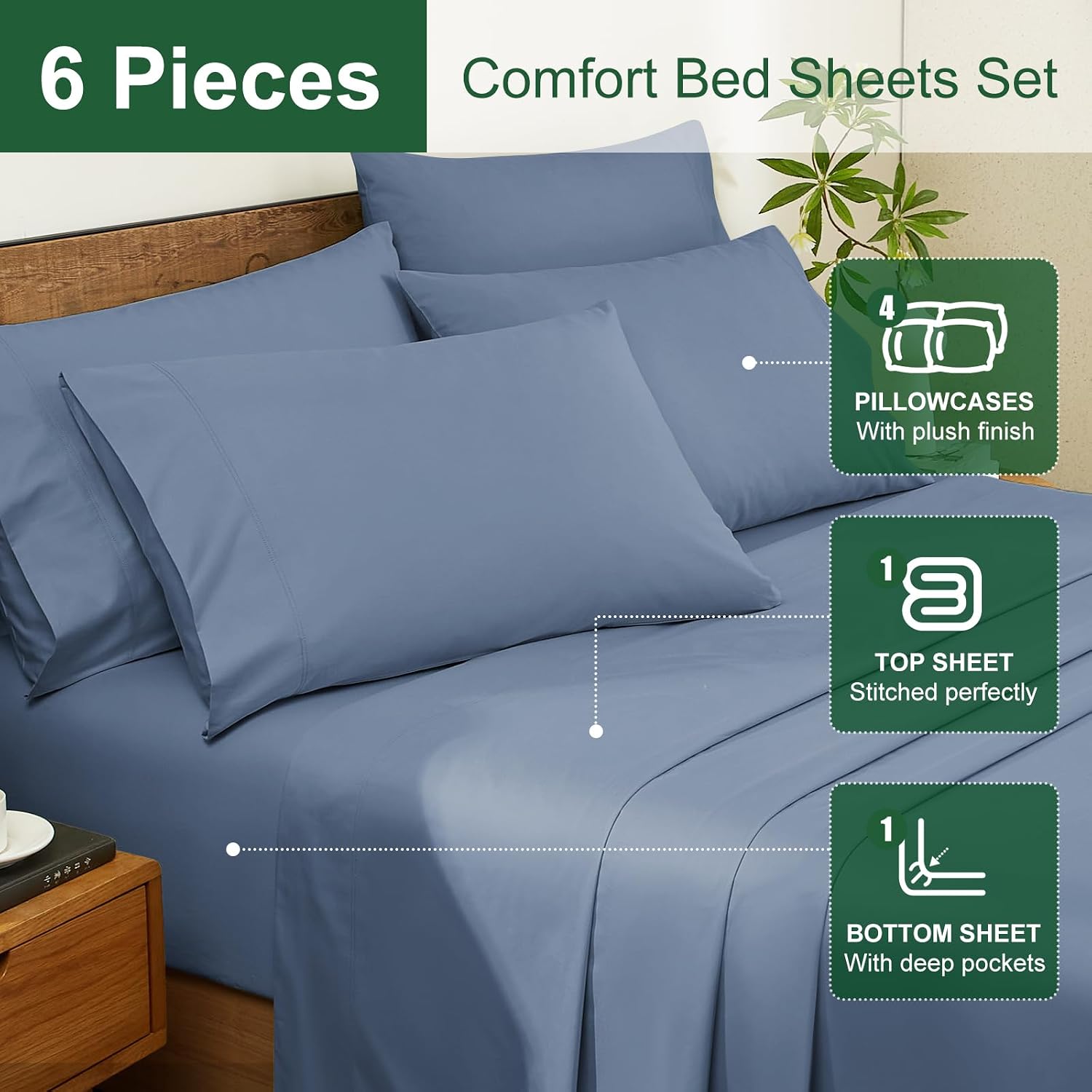 Ivellow 100% Egyptian Cotton Sheets Queen Size Set - 1200 Thread Count 6 PC 18' Deep Pocket Queen Size Bed Sheet Set，Luxury Soft Breathable Dusty Blue Cooling Sheet Sets Durable Hotel Quality Bedding