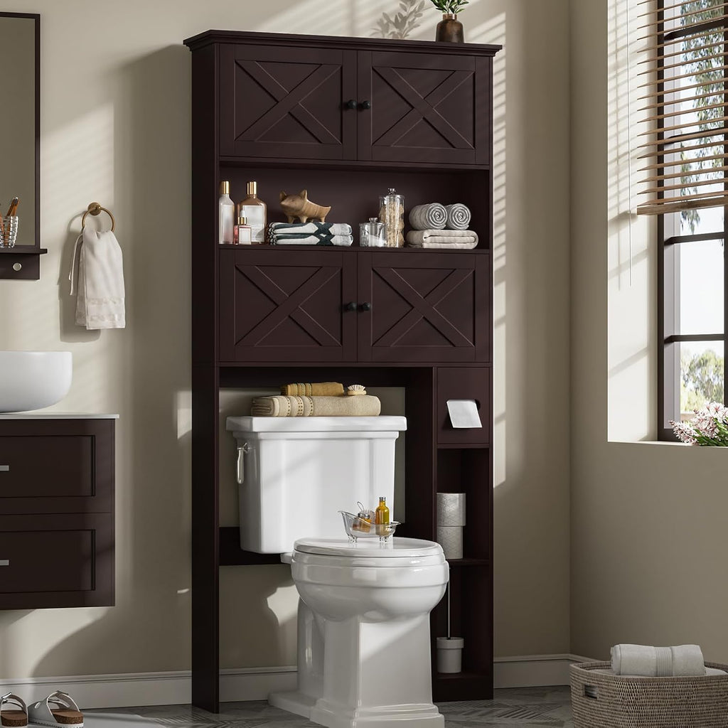 Halitaa Over The Toilet Storage Cabinet, Farmhouse Storage Cabinet Over Toilet with 4 Barn Doors & Toilet Paper Holder Stand, Espresso Toilet Shelf Home Space Saver for Restroom, Bathroom, Laundry