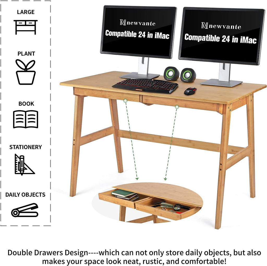 Nnewvante Writing Computer Desk 46' Bamboo Home Office Table with 2 Drawers, Modern Furniture Simple Study Makeup Workstation