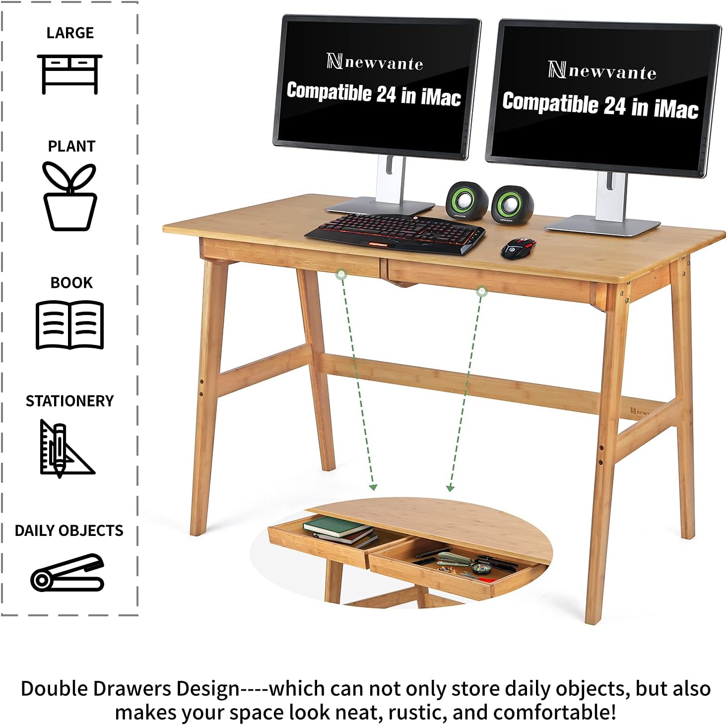 Nnewvante Writing Computer Desk 46' Bamboo Home Office Table with 2 Drawers, Modern Furniture Simple Study Makeup Workstation