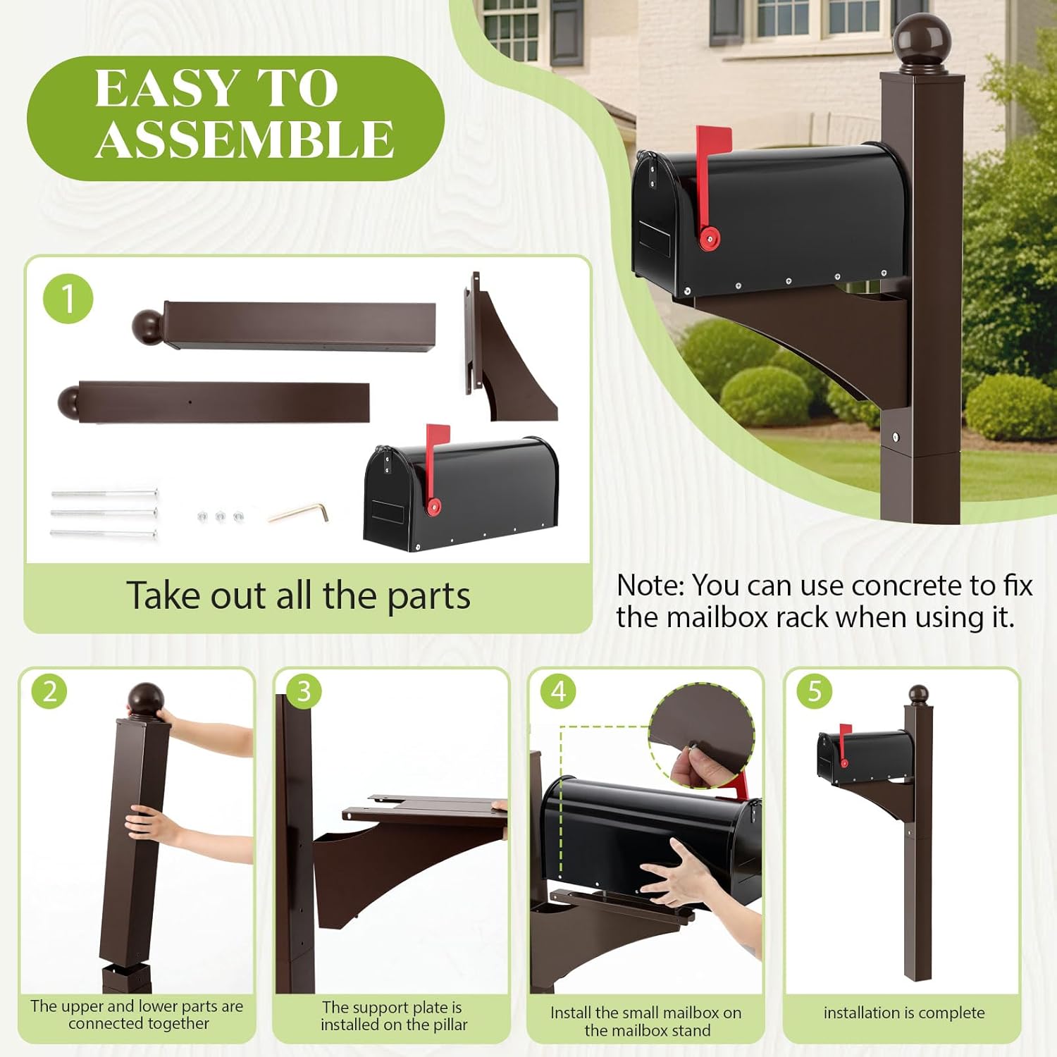 Colingmill Brown,Black 1 Set Iron Mailbox Posts with Mailbox for Outside Ground Mounting Post 56 Inch Tall Heavy Duty Architectural Stand with 8 Screws for Outdoor Use