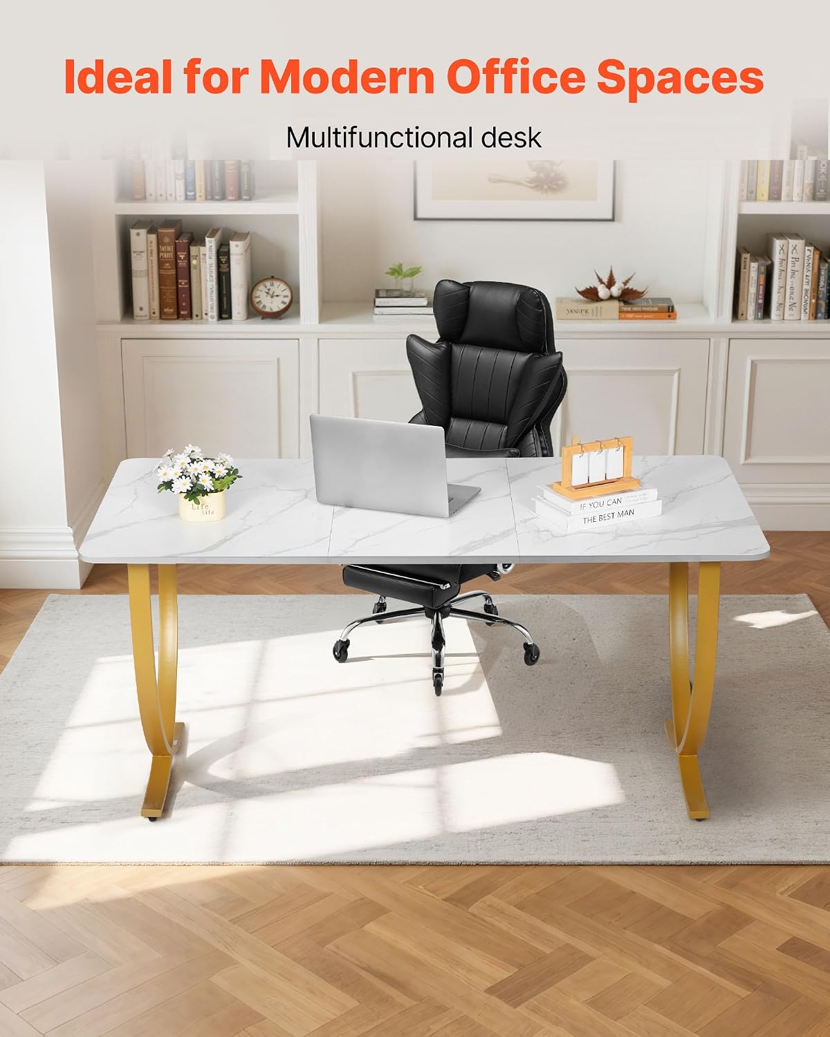 VEVOR Executive Desk, 63' W x 31.5' D Large Office Desk, Modern Computer Table Conference Meeting Room Table, Business Furniture Enlarged Desktop for Home Office, White and Gold