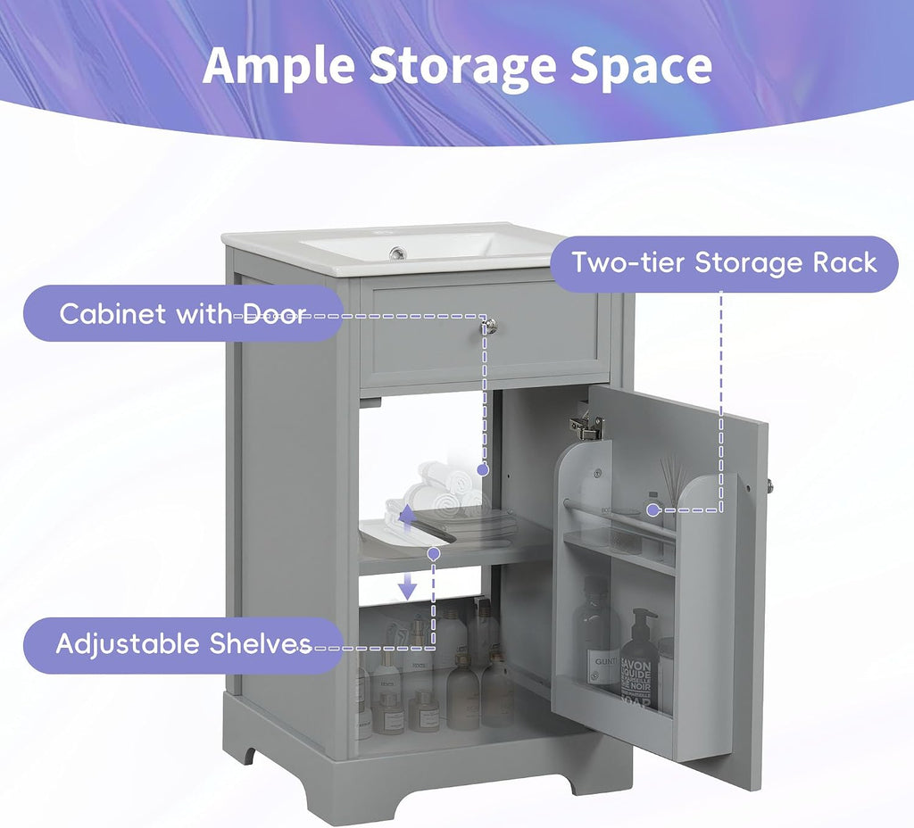 Flieks 20' Bathroom Vanity with Sink, Bathroom Cabinet with Soft Closing Door, Storage Rack and Adjustable Shelve, Grey