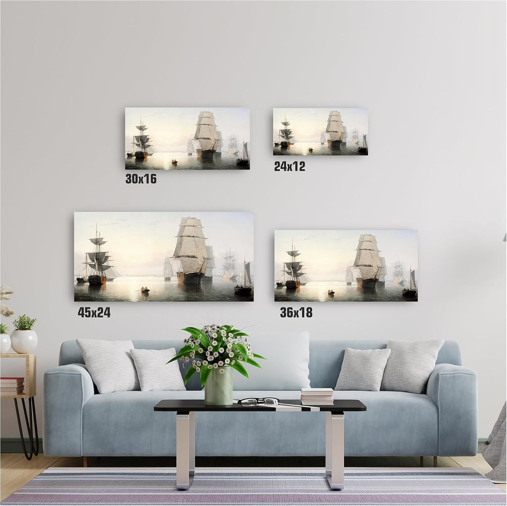 A&T ARTWORK Boston Harbor, Sunset, Fitz Henry Lane Sailboat Warship Painting Reproductions Reproductions,Giclee Canvas Prints Wall Art for Home Decor,45x24x1.5 inches