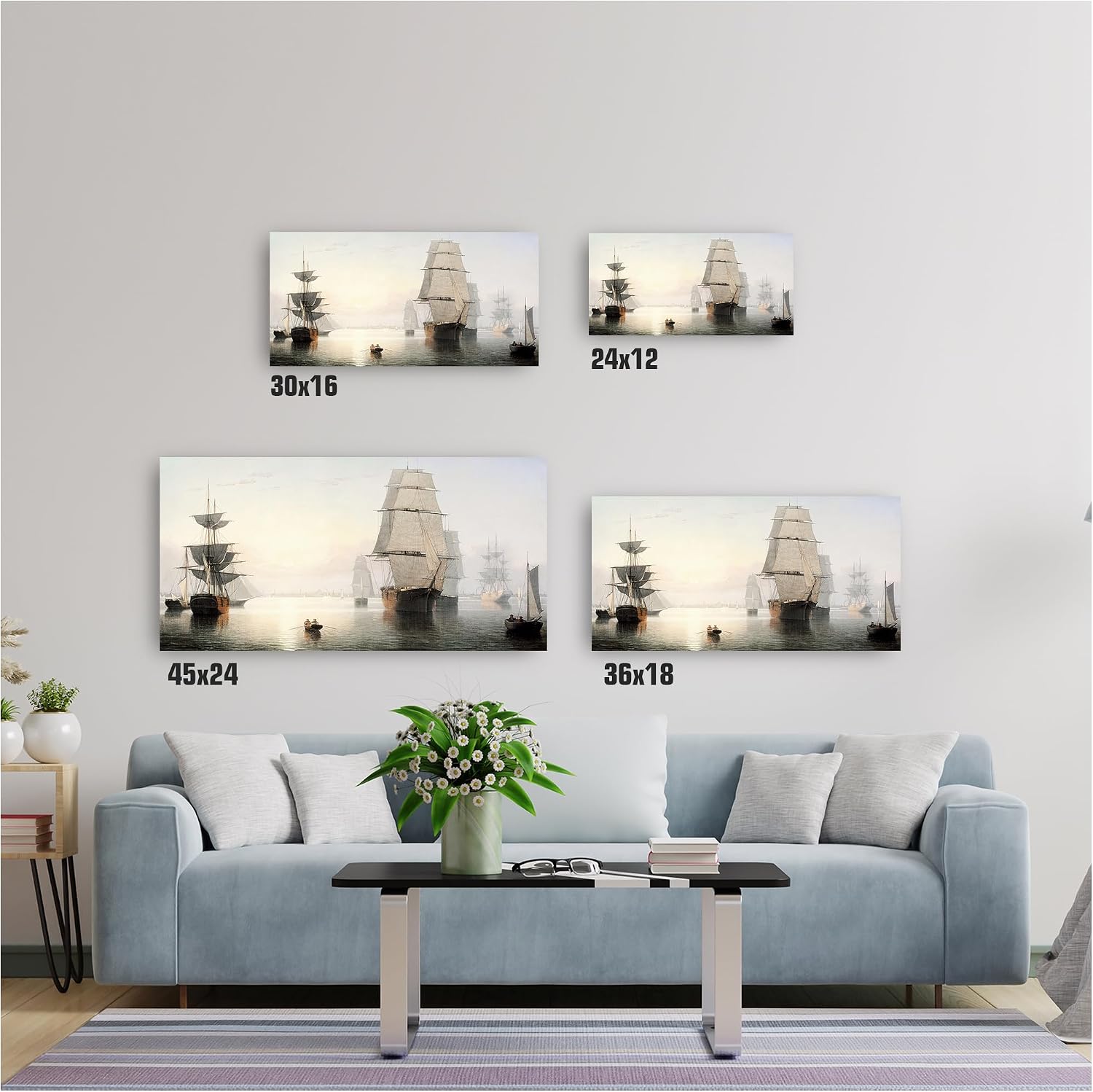 A&T ARTWORK Boston Harbor, Sunset, Fitz Henry Lane Sailboat Warship Painting Reproductions Reproductions,Giclee Canvas Prints Wall Art for Home Decor,45x24x1.5 inches