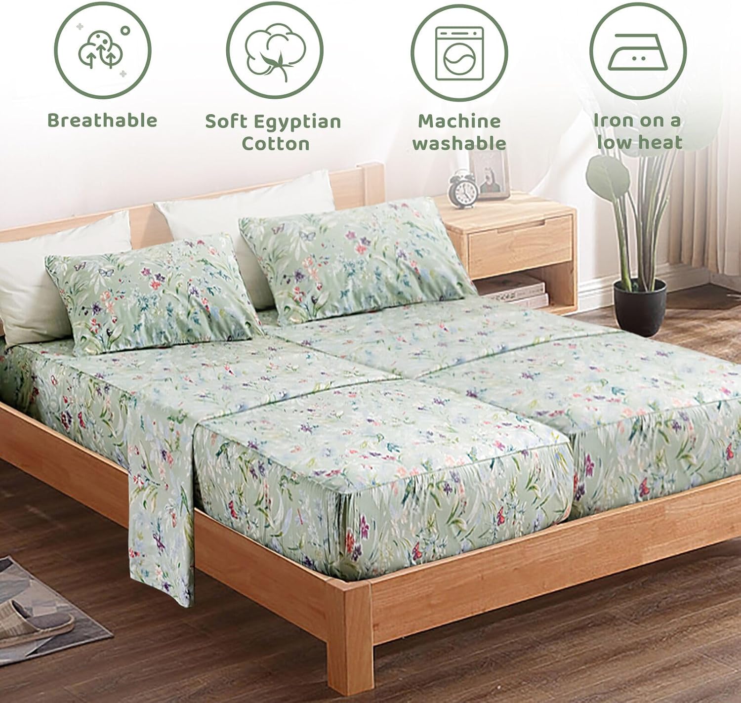 QSH 100% Cotton Sheets for Split King Size Bed, Pattern Botanical Luxury Cotton Printed Floral Bedding Sheets Soft and Breathable 5pcs Deep Pocket Queen Sheet Set