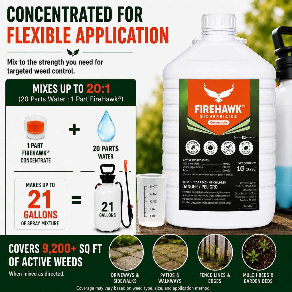 FireHawk® Bioherbicide Concentrate 1 Gal | Visible Results in Hours | for the Control of Broadleaf Weeds, Grasses & Mosses | Makes 20 Gallons of Spray Solution
