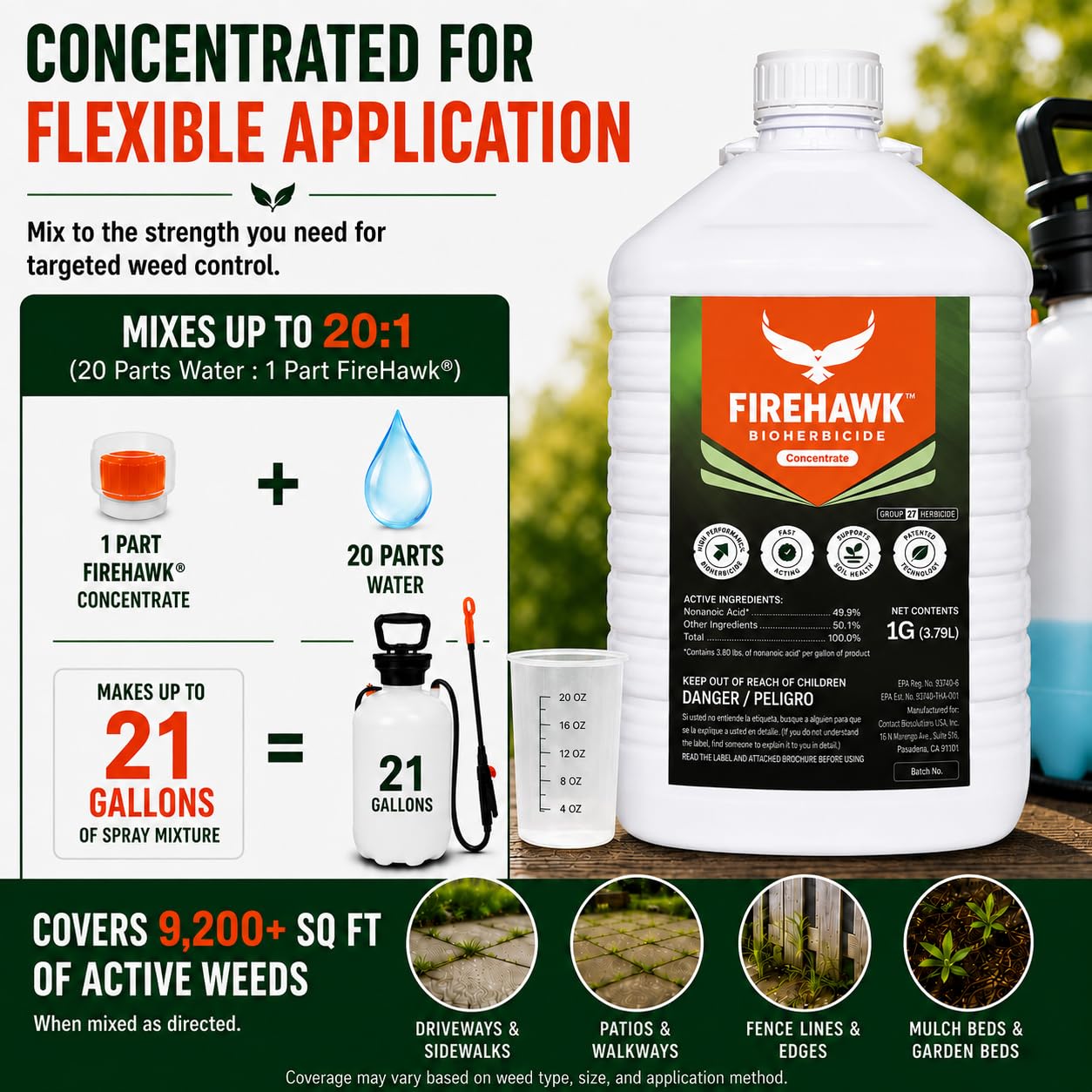 FireHawk® Bioherbicide Concentrate 1 Gal | Visible Results in Hours | for the Control of Broadleaf Weeds, Grasses & Mosses | Makes 20 Gallons of Spray Solution