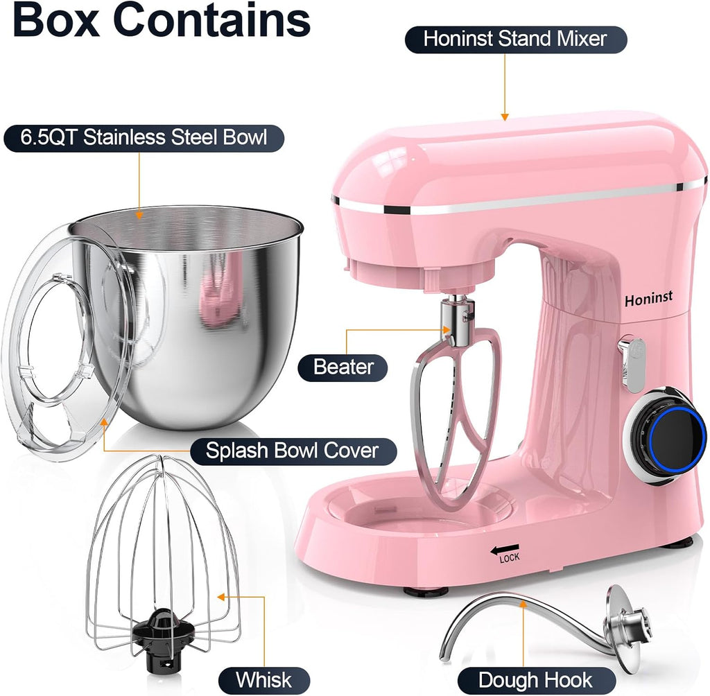 Honinst Stand Mixer, 6.5QT 10-Speed Tilt-Head Electric Stand Mixer, 3-In-1 Kitchen Mixer with Bowl, Dough Hook, Whisk and Beater, Food Mixer for Baking, Cake and Most Home Cooks, Pink