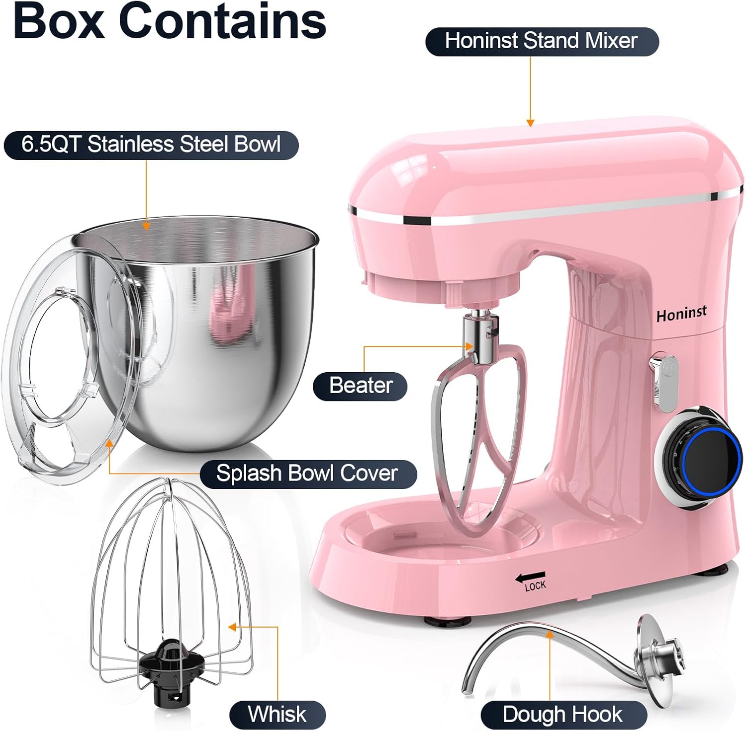 Honinst Stand Mixer, 6.5QT 10-Speed Tilt-Head Electric Stand Mixer, 3-In-1 Kitchen Mixer with Bowl, Dough Hook, Whisk and Beater, Food Mixer for Baking, Cake and Most Home Cooks, Pink