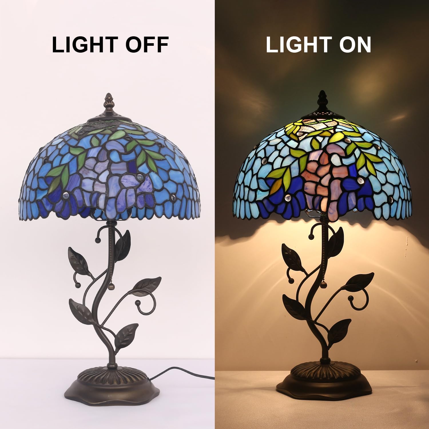 Tiffany Table Lamp, Stained Glass Wisteria Style, 12x12x19 Inch, Metal Leaf Base Decor Lamp for Bedroom, Living Room, Home, Office