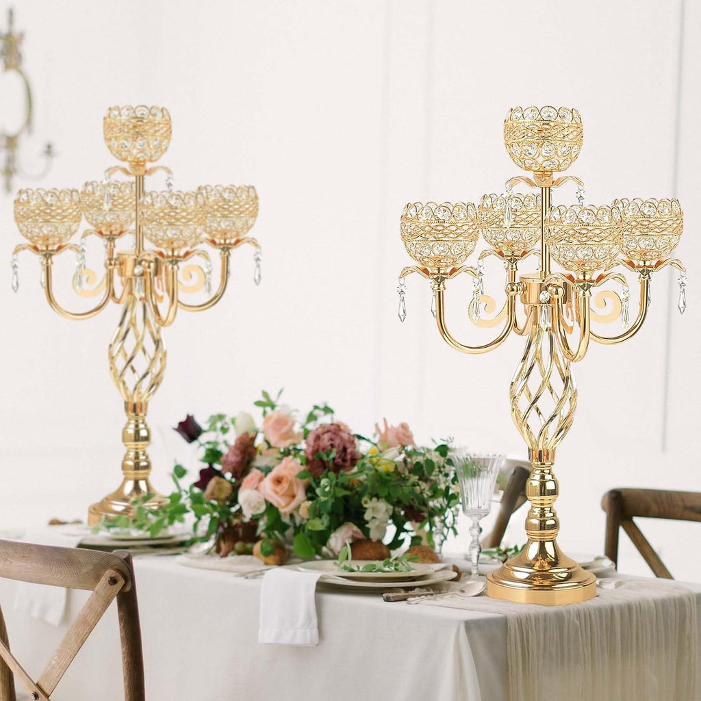 Elegant 5-Head Candelabra Centerpiece with Crystal Pendants - 23 Inch Tall Table Centerpiece for Weddings, Parties, Home Decor for Mother's Day, Holidays & Special Occasions (4, Gold)
