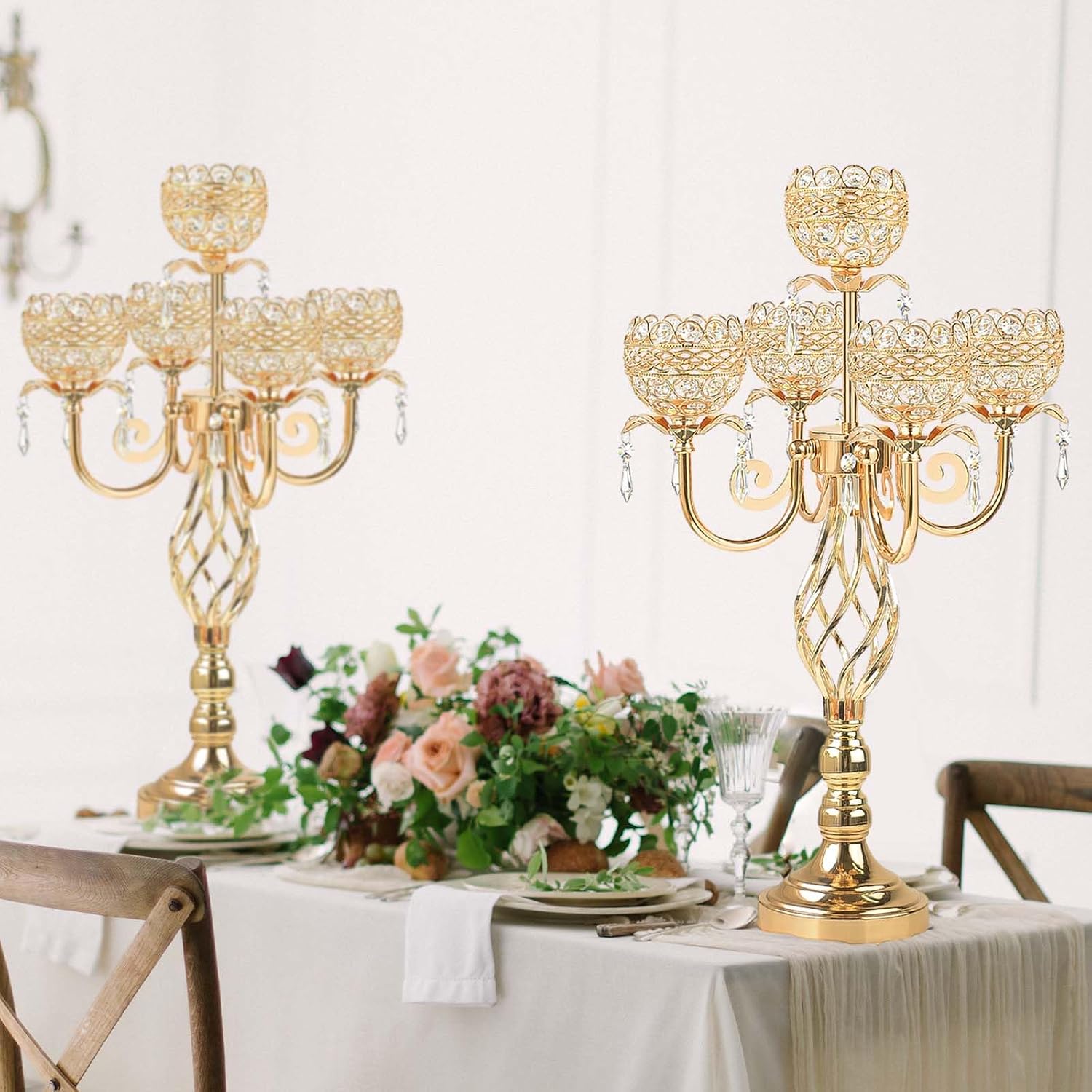 Elegant 5-Head Candelabra Centerpiece with Crystal Pendants - 23 Inch Tall Table Centerpiece for Weddings, Parties, Home Decor for Mother's Day, Holidays & Special Occasions (4, Gold)
