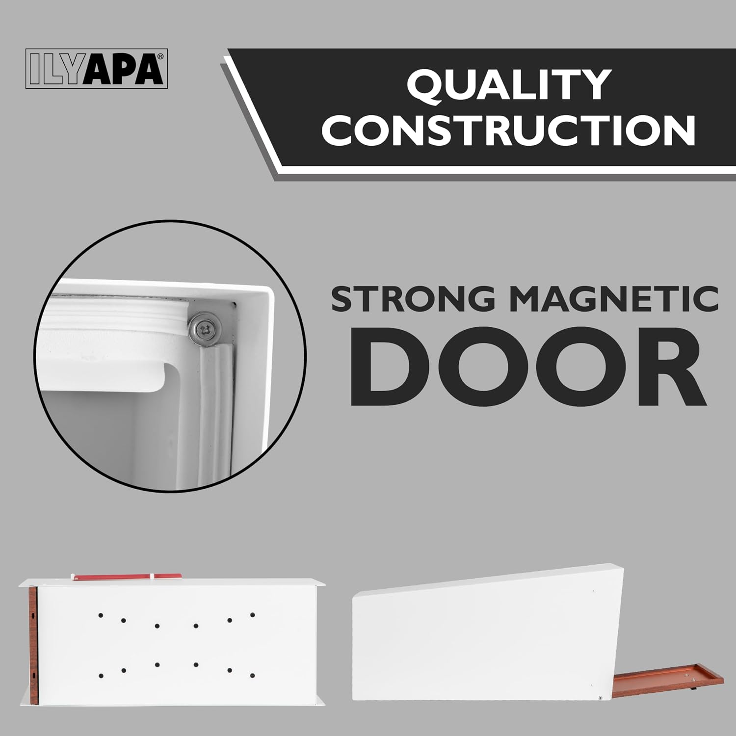 Ilyapa Modern Mailbox with Angle Design Post Mount - White Powder Coated Metal Mailbox with Wood Door - Waterproof for Parcels, Magnetic Close Door