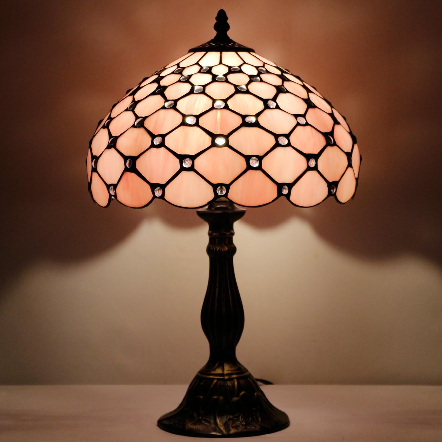 WERFACTORY Tiffany Lamp Pink Stained Glass Bead Table Lamp Desk Bedside Reading Light 12X12X18 Inches Deco Bedroom Living Room Home Office S005 Series