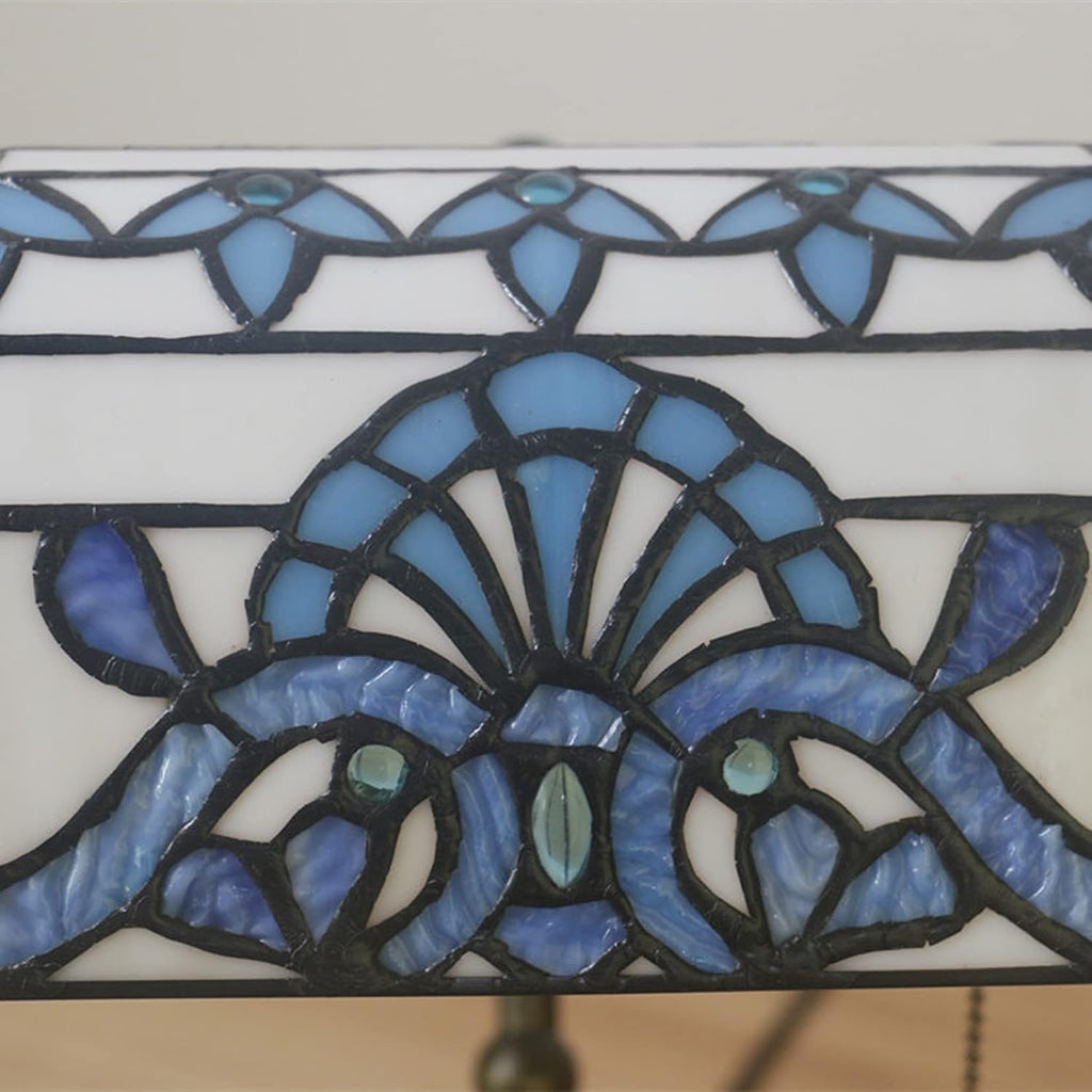 Tiffany Style Bankers Table Lamp Stained Glass Piano Desk Lamp Vintage Bedroom Bedside Lamp for Study,Antique Alloy Base,Zipper Switch,Blue Baroque