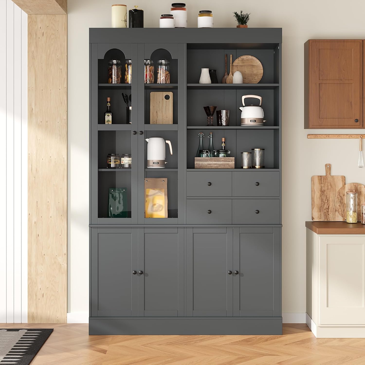 Modern 75inch Tall Kitchen Pantry Storage Cabinet with 4 Drawers, Freestanding Buffet Cabinet with Door Shelves and Pull-Out Trays for Dining Room, Living Room (Gray/32r)
