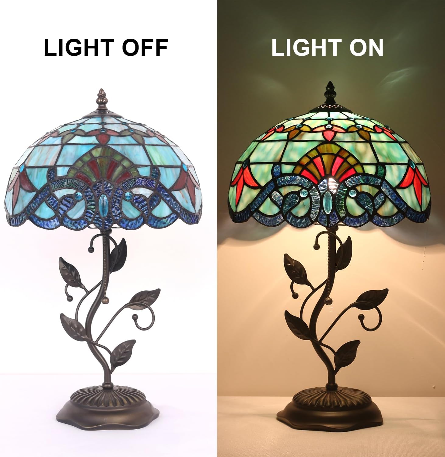 Tiffany Table Lamp, Stained Glass Baroque Style, Metal Leaf Base Decor Lamp, 12x12x19 Inch for Bedroom, Living Room, Home, Office