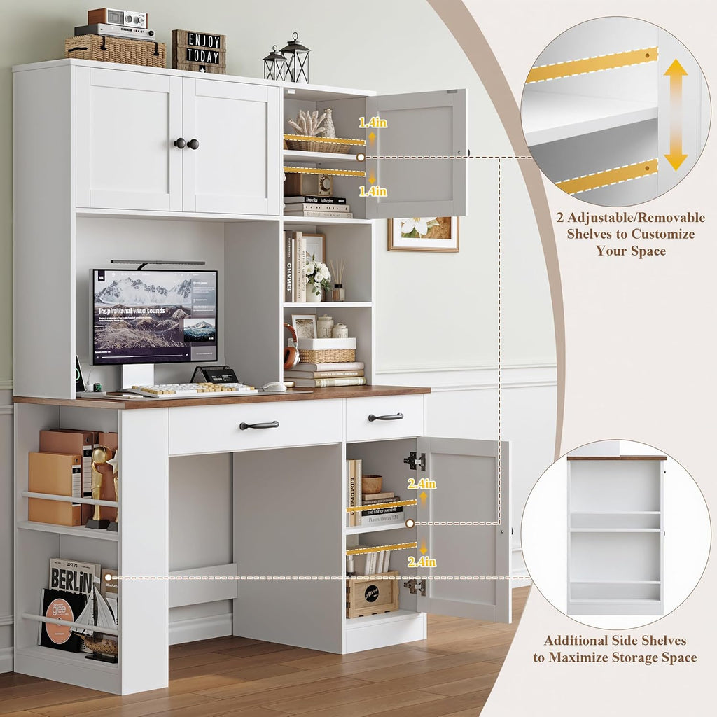 Keyluv 71' Tall Computer Desk with Hutch Cabinet, Home Office Desk with Storage Drawers Shelves and Side Rack, Wood Executive Desk with Doors, Outlet Station and Smart LED Lights, White