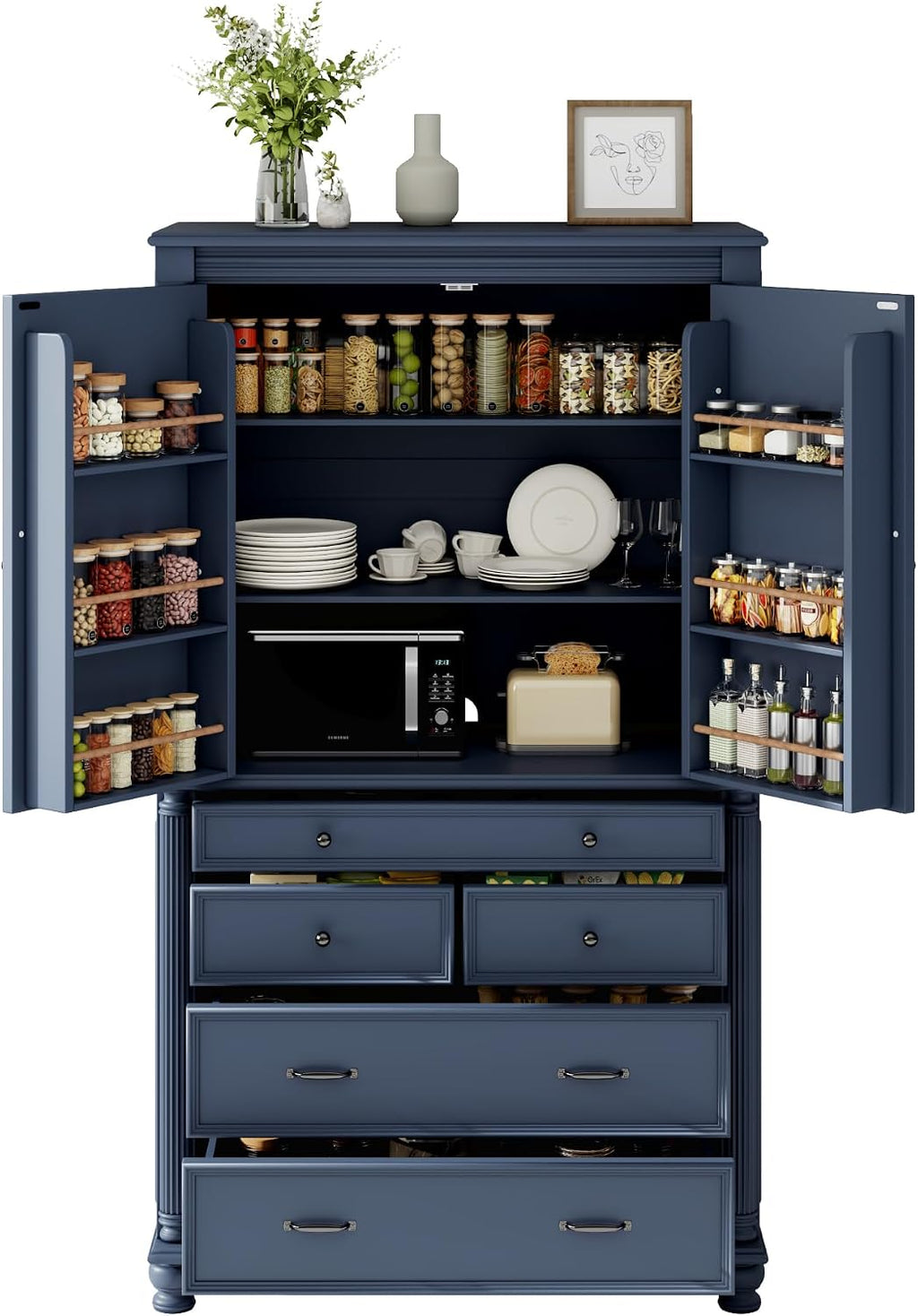 77.3 inch Tall Kitchen Pantry Cabinet with 6 Door Shelves and 2 Adjustable Shelves, Wooden Storage Cabinet Cupboard with 6 Drawers for Kitchen, Dining (Blue-83)
