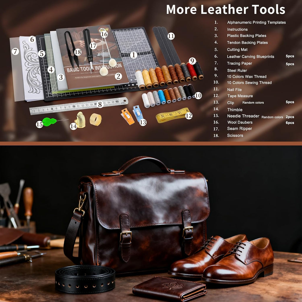 BUTUZE Leather Tools, Leather Crafting Kit with Leather Tool Rack, Leather Working Tools Kit for Adults and Tool Supplies for Carving, Stamping, Engraving, Sewing, Cutting, Punching and DIY Crafts