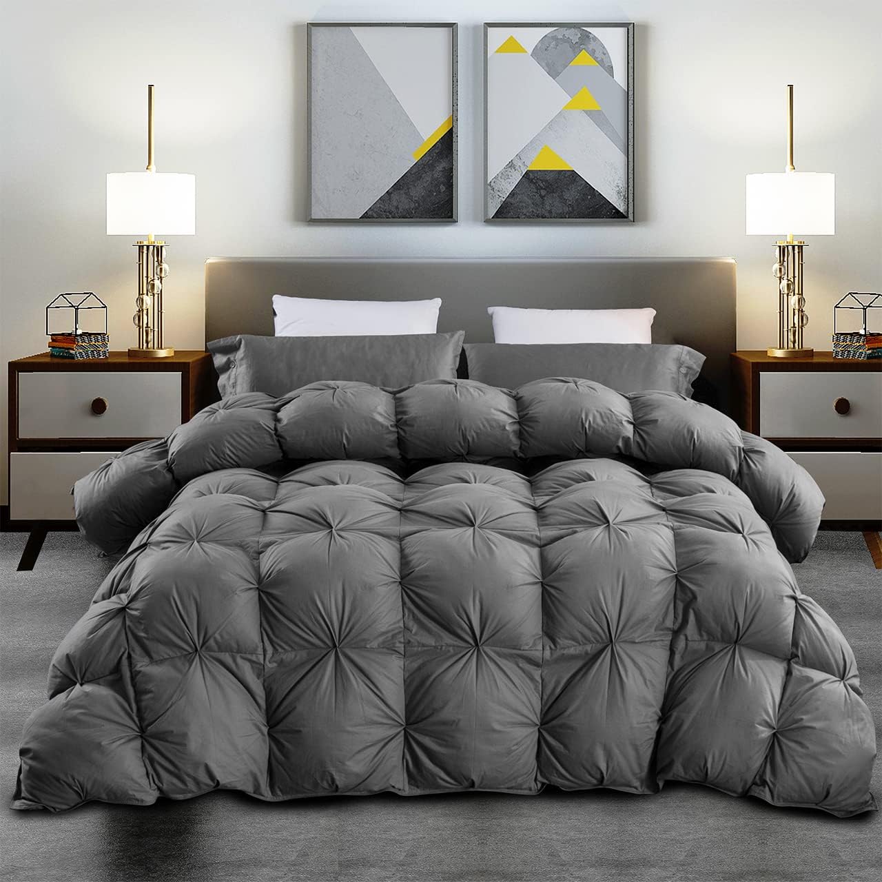 Luxurious King Size Goose Down Feather Fiber Comforter Duvet Insert, 100% Egyptian Cotton Cover, 70 oz. Fill Weight Comforter (King, Gray Pinch Pleat)