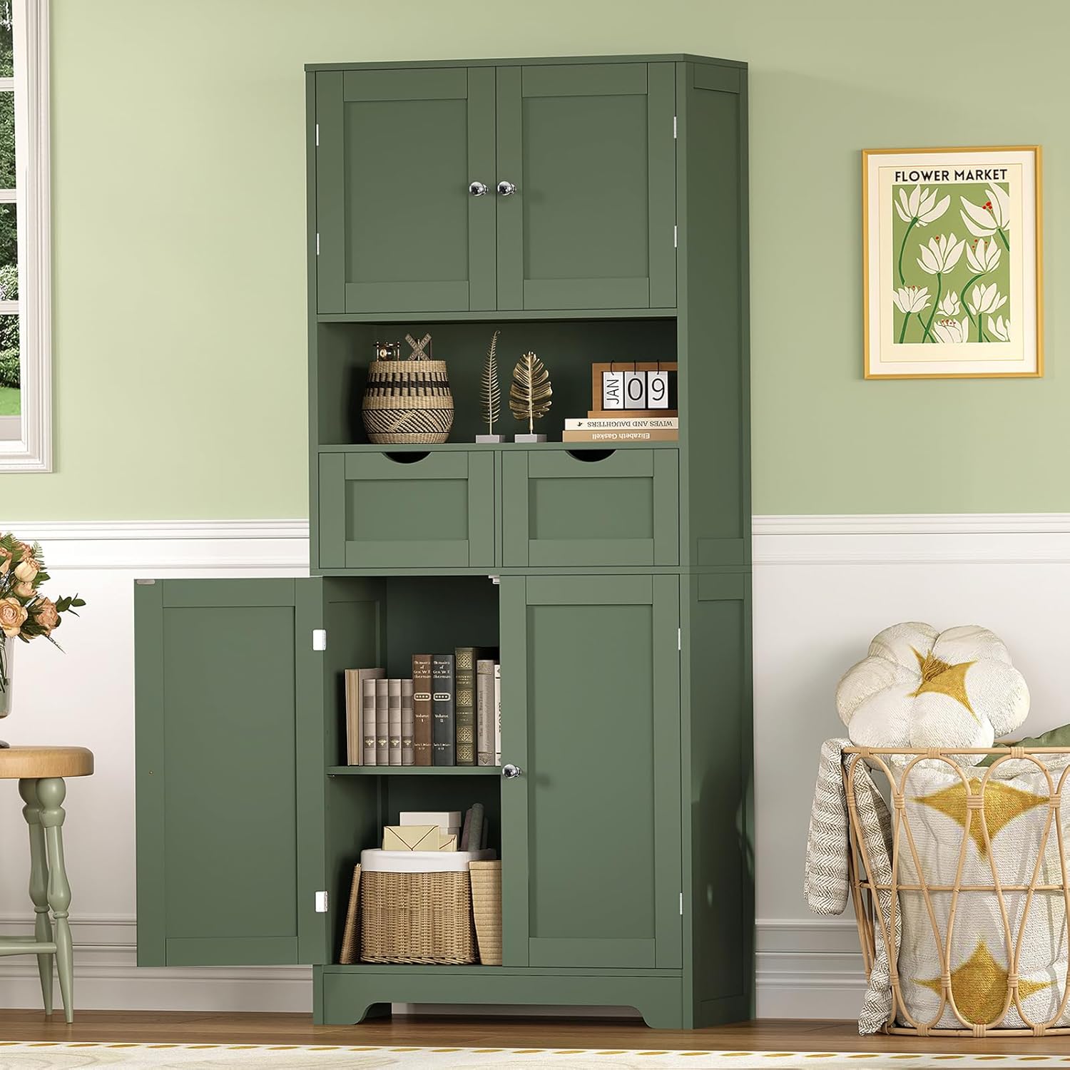 Iwell 58' H Tall Bathroom Storage Cabinet with 2 Drawers & 2 Adjustable Shelves, Bathroom Cabinet with 4 Doors, Tall Cabinet for Living Room, Dining Room, Entryway, Forest Green